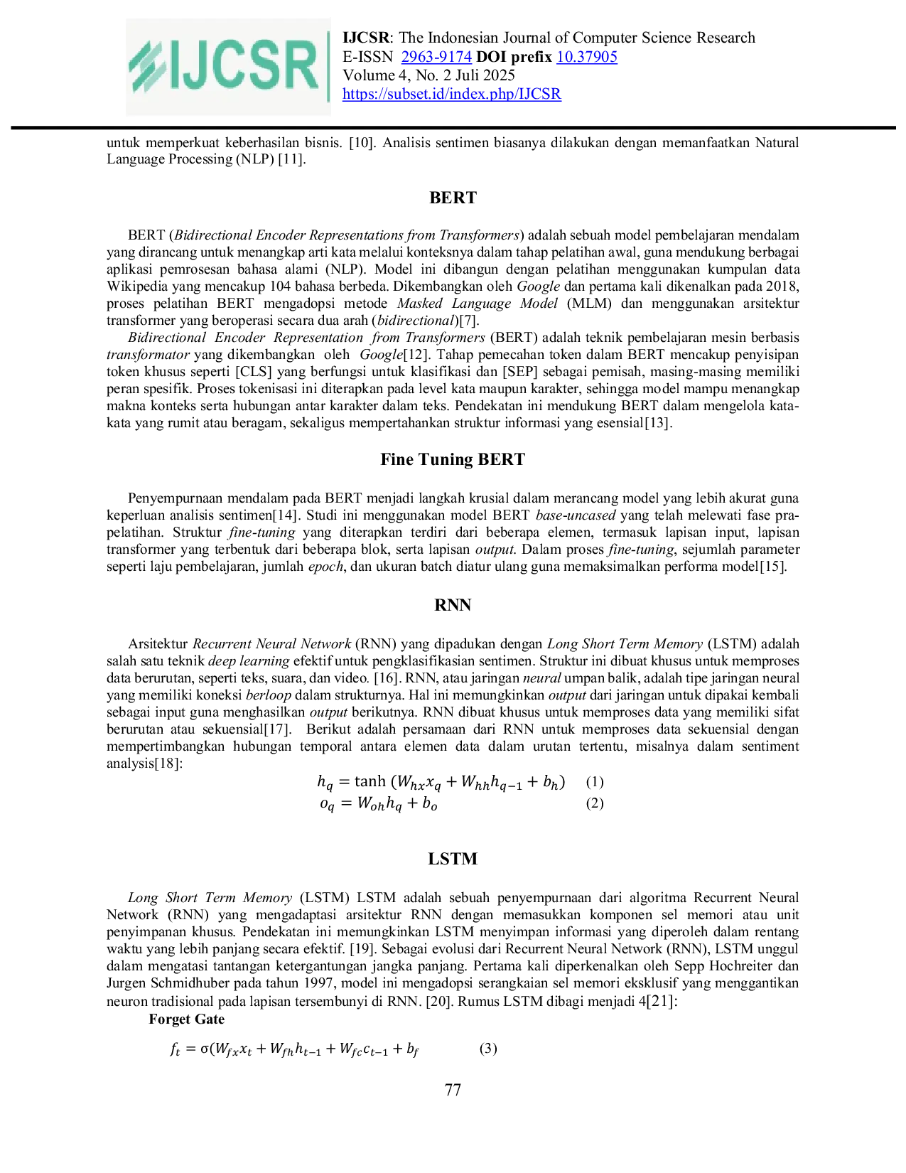 JURIS Perbandingan Model BERT dan RNN LSTM pada Analisis Sentimen Aplikasi BRI Mobile