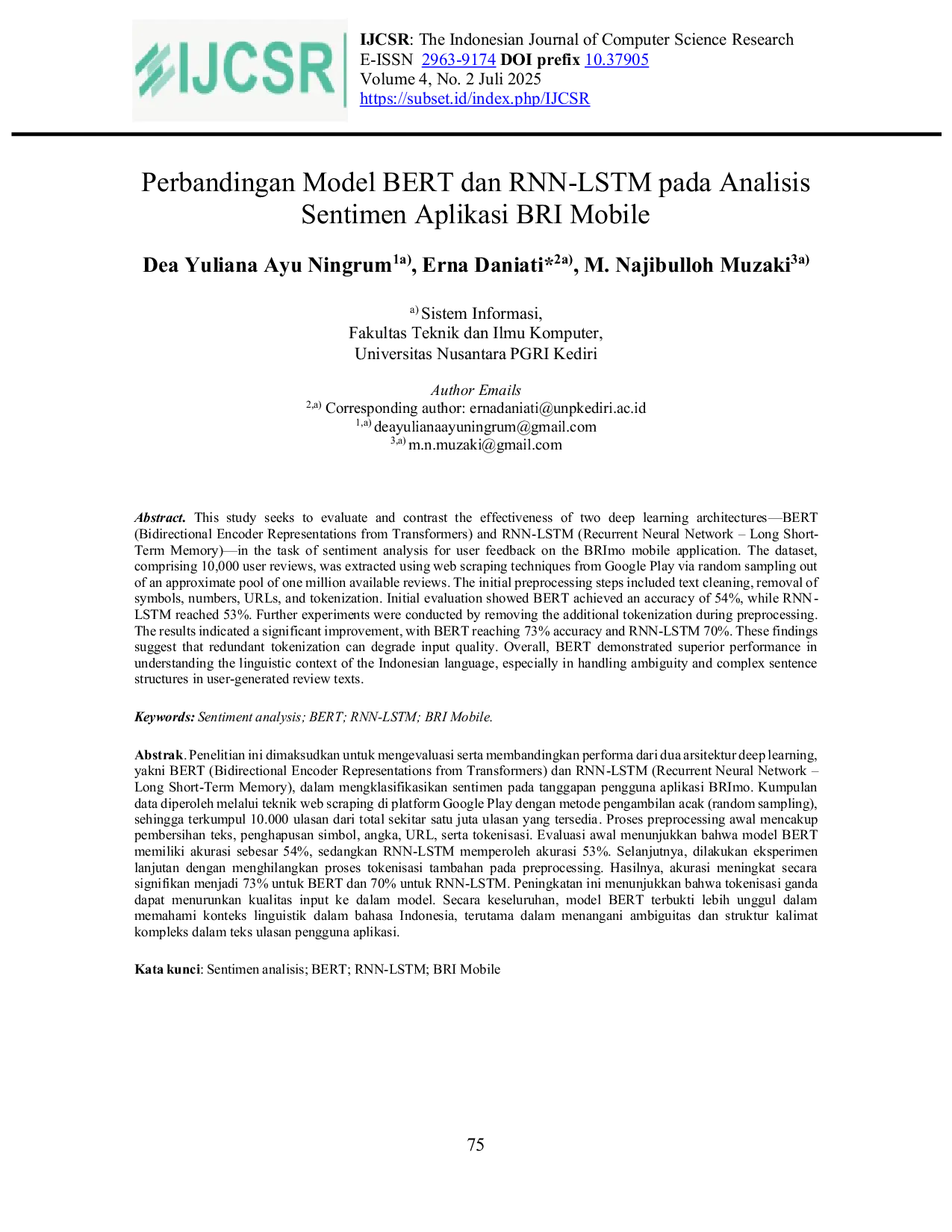 JURIS Perbandingan Model BERT dan RNN LSTM pada Analisis Sentimen Aplikasi BRI Mobile