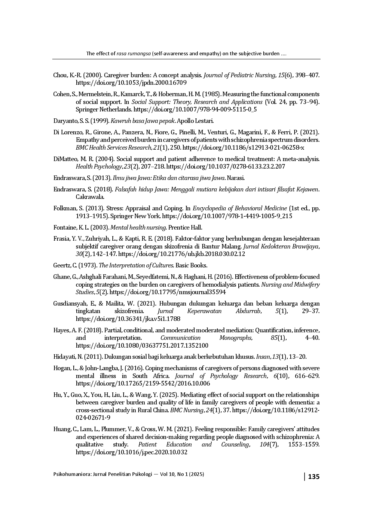 juris The effect of rasa rumangsa self awareness and empathy on the subjective burden of families caring for individuals with schizophrenia Social support as a mediator