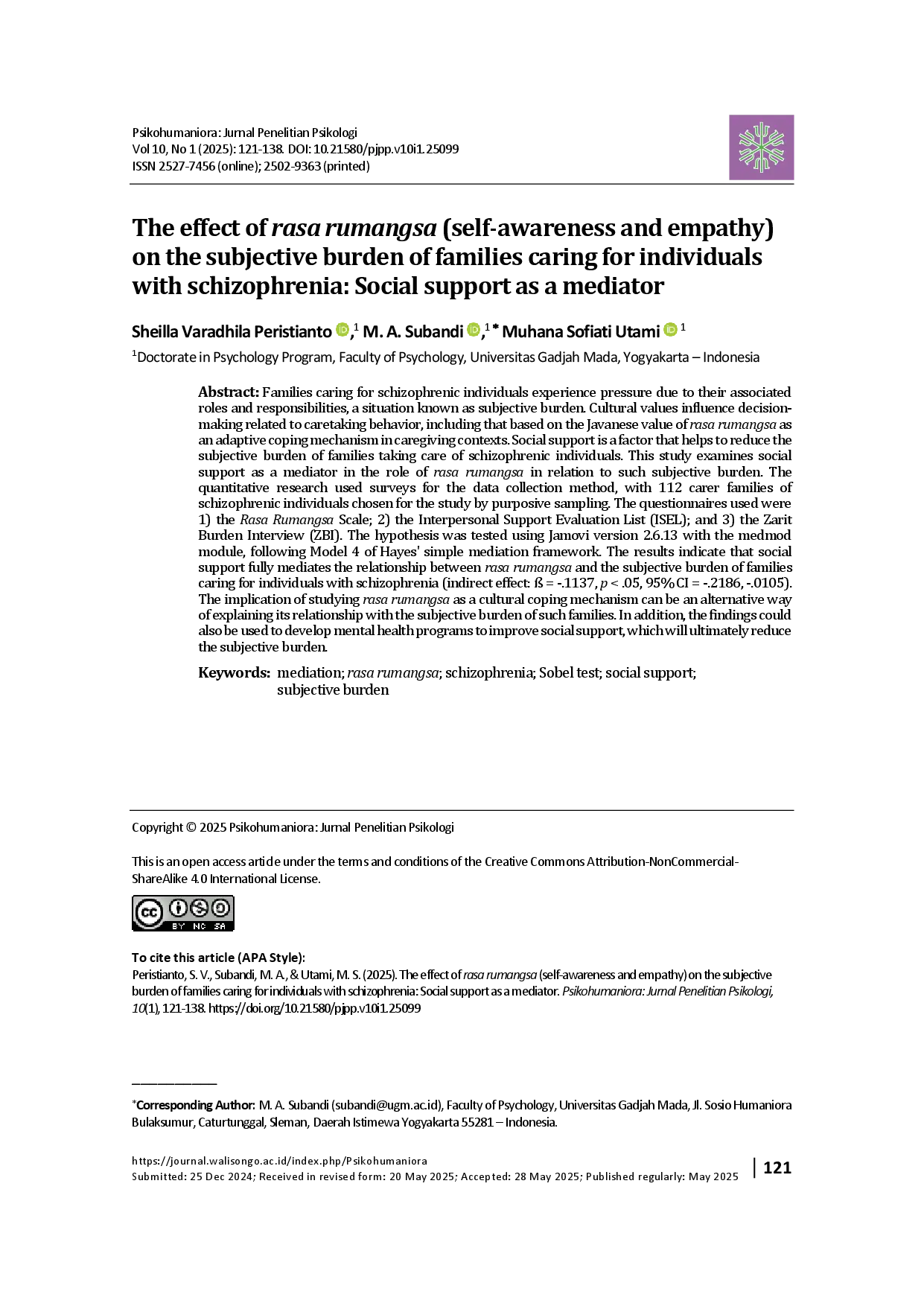 juris The effect of rasa rumangsa self awareness and empathy on the subjective burden of families caring for individuals with schizophrenia Social support as a mediator