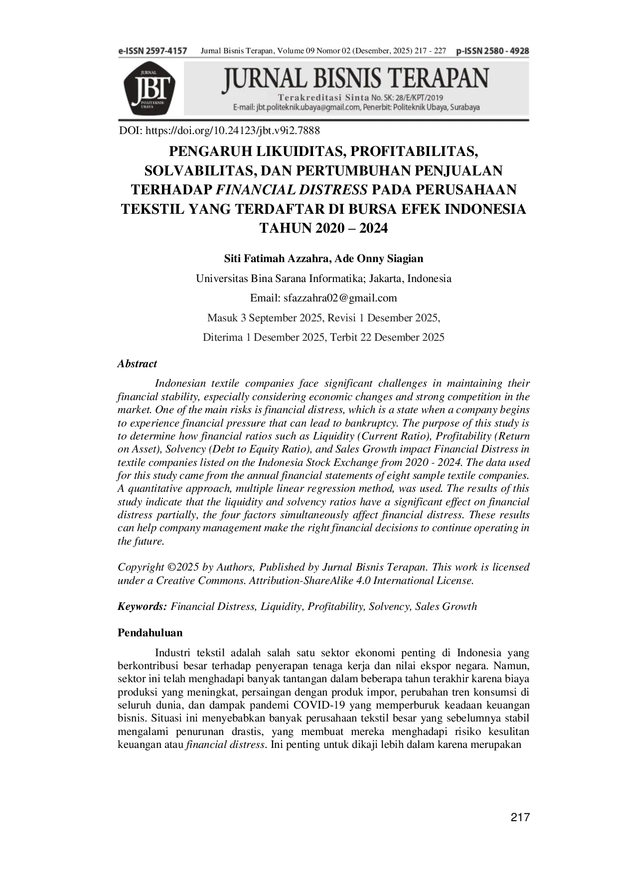 JURIS Pengaruh Likuiditas Profitabilitas Solvabilitas dan Pertumbuhan Penjualan Terhadap Financial Distress Pada Perusahaan Tekstil Yang Terdaftar Di Bursa Efek Indonesia Tahun 2020 2024