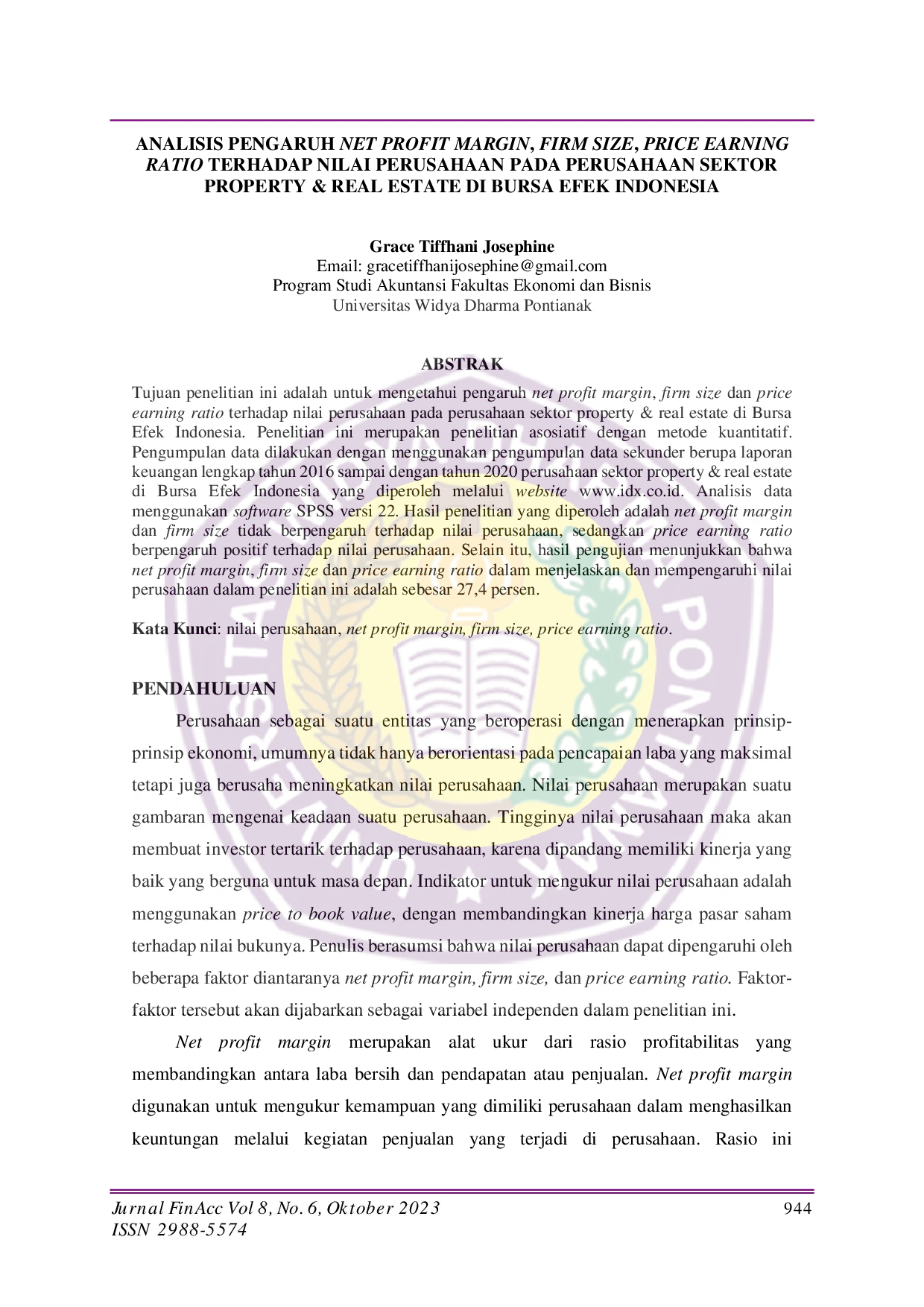 JURIS Analisis Pengaruh Net Profit Margin Firm Size Price Earning Ratio Terhadap Nilai Perusahaan Pada Perusahaan Sektor Property Real Estate Di Bursa Efek Indonesia