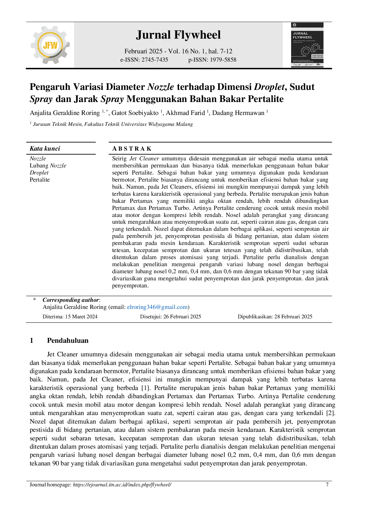 JURIS Pengaruh Variasi Diameter Nozzle terhadap Dimensi Droplet Sudut Spray dan Jarak Spray Menggunakan Bahan Bakar Pertalite