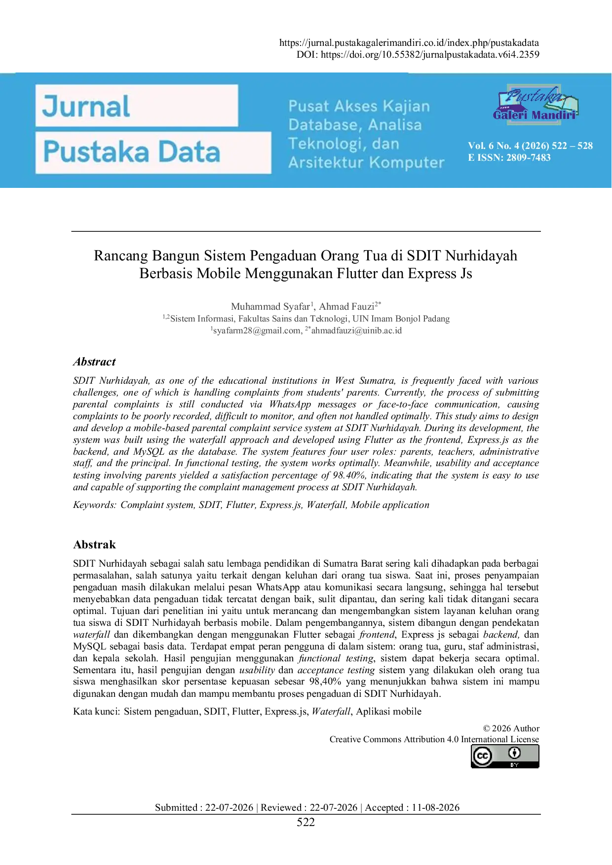 JURIS Rancang Bangun Sistem Pengaduan Orang Tua di SDIT Nurhidayah Berbasis Mobile Menggunakan Flutter dan Express Js
