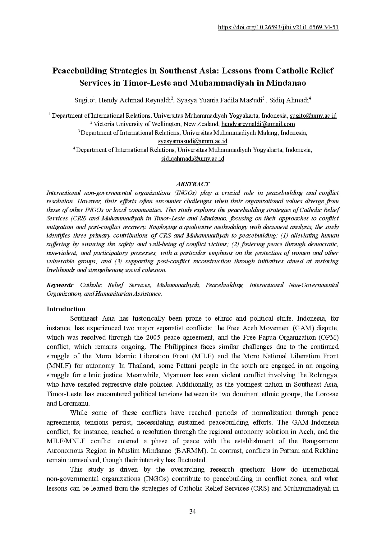 juris Inisiatif Damai di Asia Tenggara Pelajaran dari Peran Catholic Relief Services dan Muhammadiyah Dalam Peace Building di Timor Leste and Mindanao