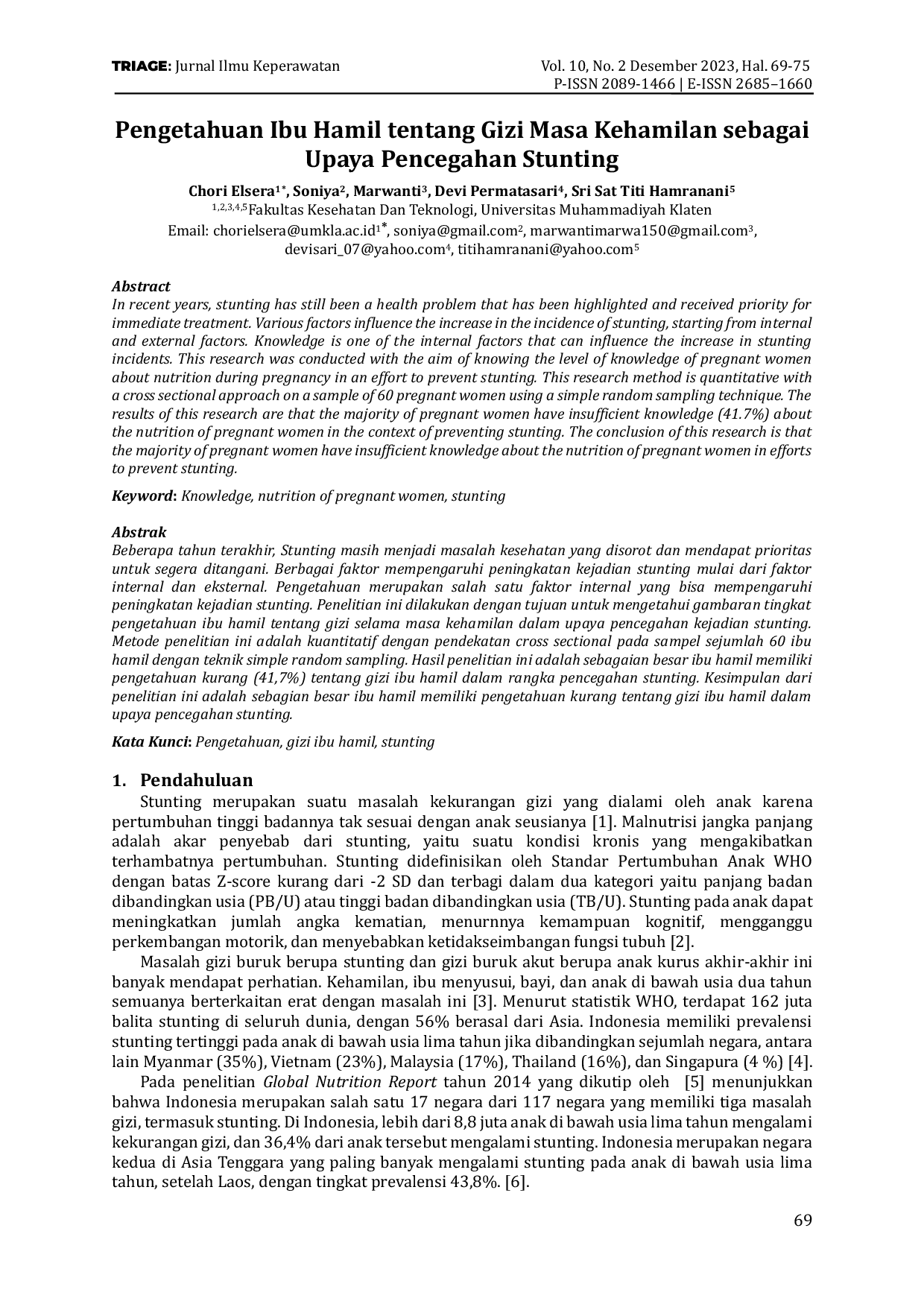 JURIS Pengetahuan Ibu Hamil tentang Gizi Masa Kehamilan sebagai Upaya Pencegahan Stunting