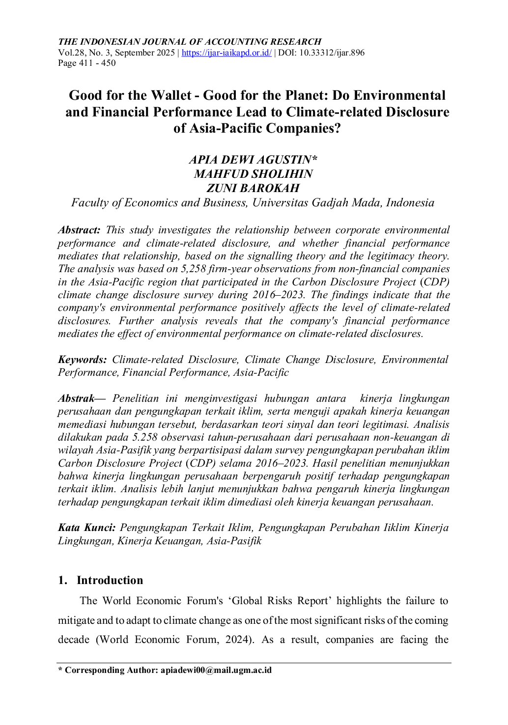 JURIS Good for the Wallet Good for the Planet Do Environmental and Financial Performance Lead to Climate related Disclosure of Asia Pacific Companies