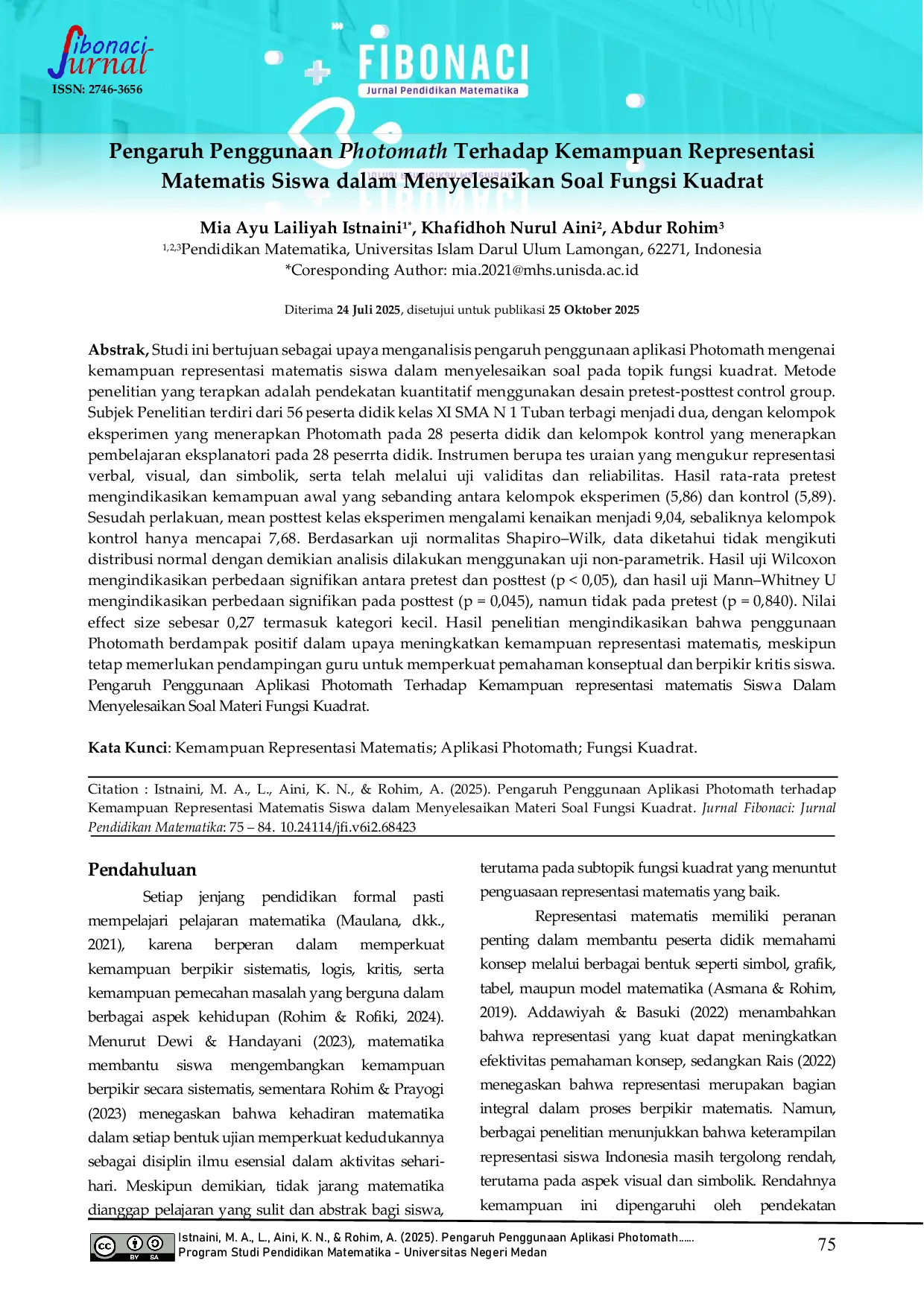 JURIS Pengaruh Penggunaan Photomath Terhadap Kemampuan Representasi Matematis Siswa dalam Menyelesaikan Soal Fungsi Kuadrat