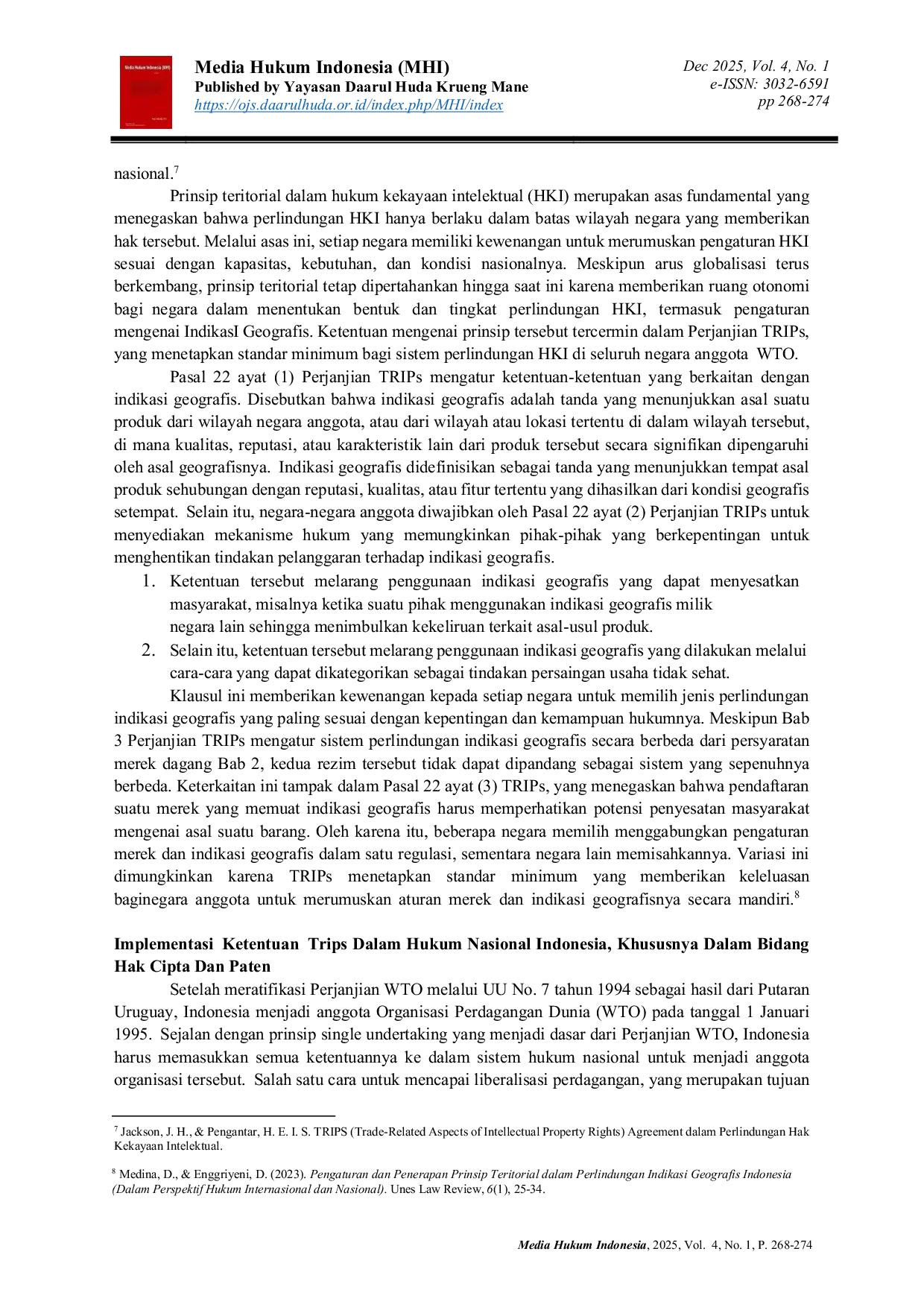 JURIS Analisis Implementasi Perjanjian Trips dalam Perlindungan Hak Kekayaan Intelektual di Indonesia