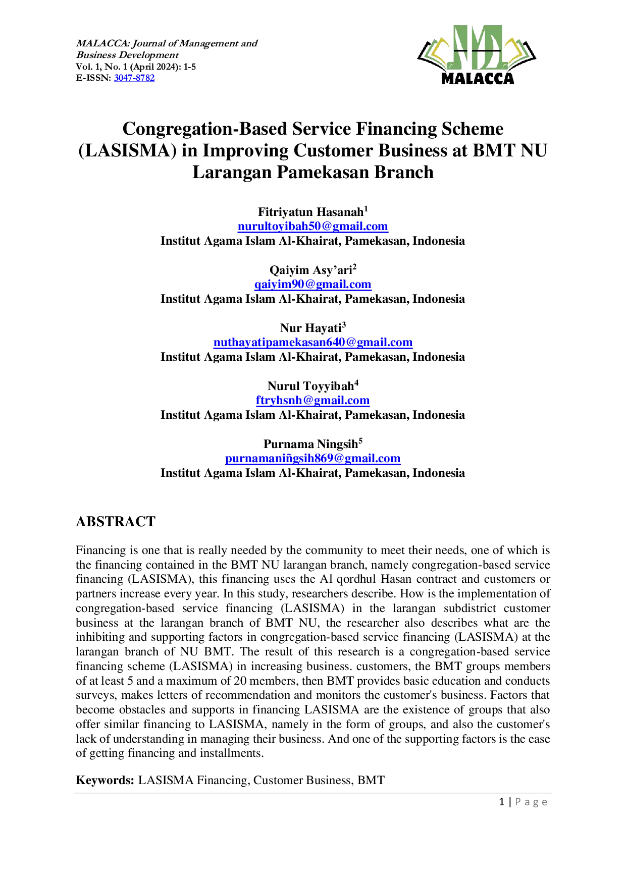 JURIS Congregation Based Service Financing Scheme LASISMA in Improving Customer Business at BMT NU Larangan Pamekasan Branch