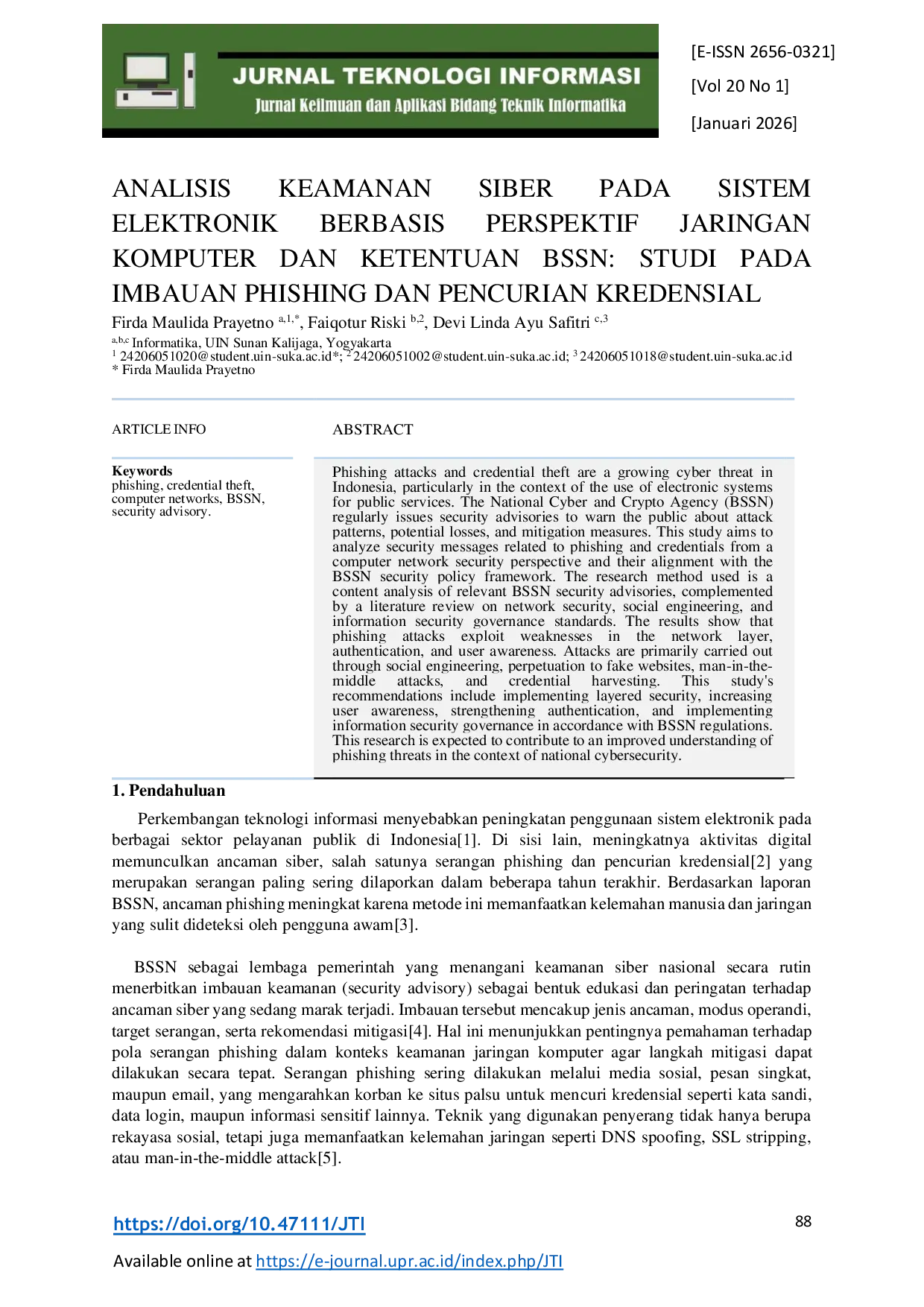 JURIS ANALISIS KEAMANAN SIBER PADA SISTEM ELEKTRONIK BERBASIS PERSPEKTIF JARINGAN KOMPUTER DAN KETENTUAN BSSN STUDI PADA IMBAUAN PHISHING DAN PENCURIAN KREDENSIAL Studi pada Imbauan Phishing dan Pencurian