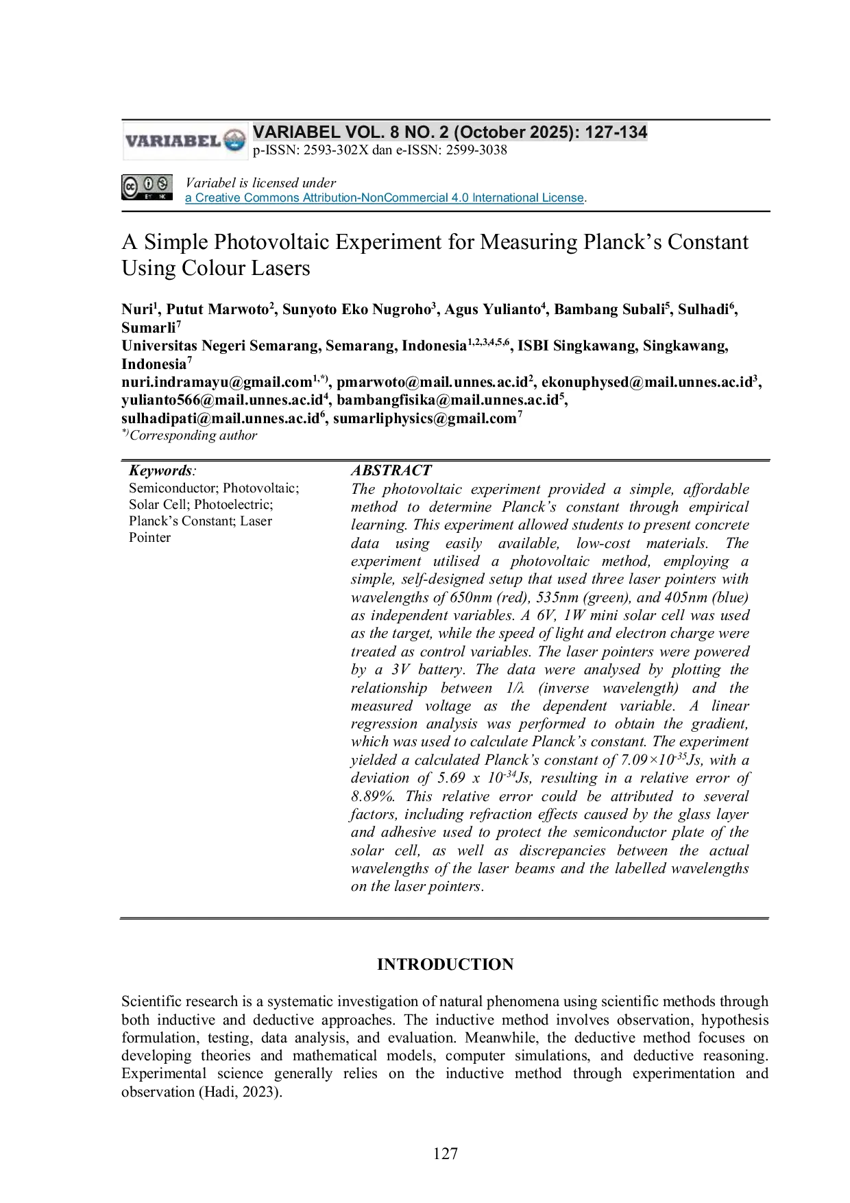 JURIS A Simple Photovoltaic Experiment for Measuring Planck s Constant Using Colour Lasers