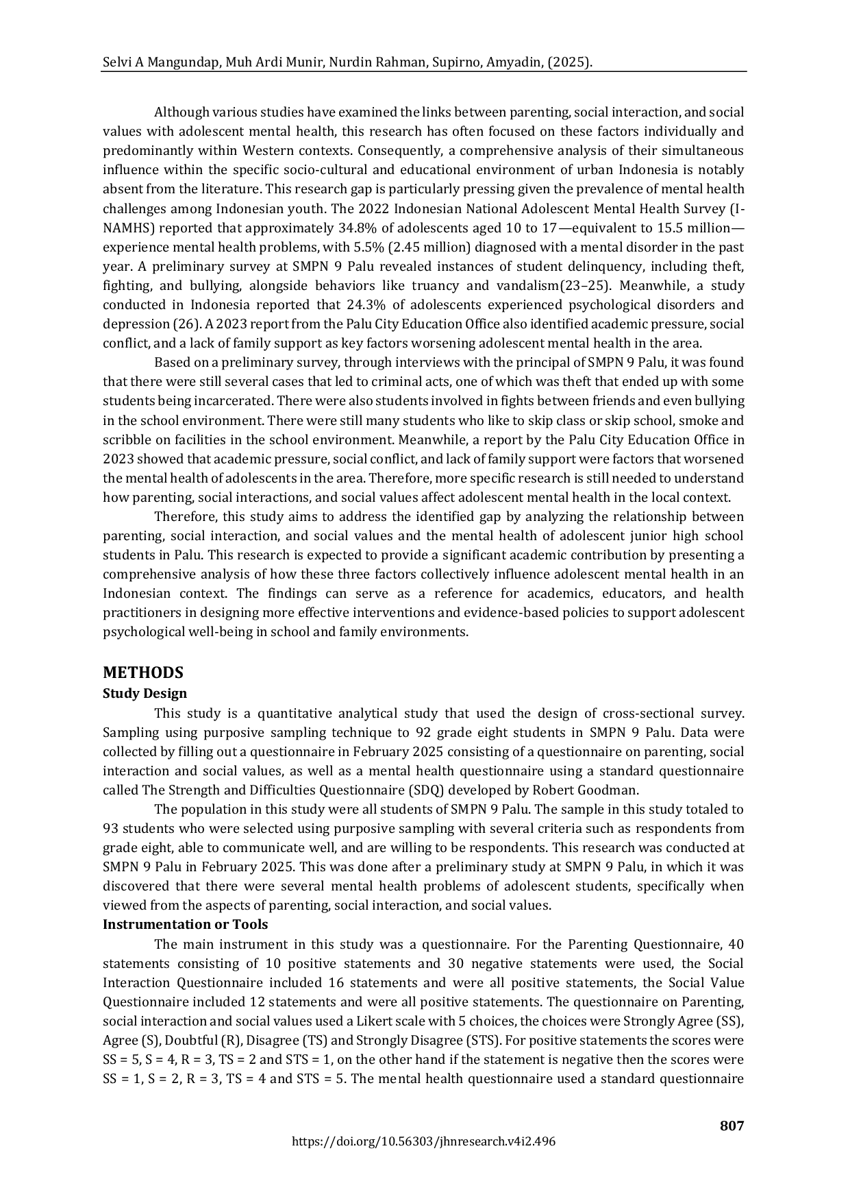 JURIS The Association Between Parenting Social Interaction Social Values and Adolescent Mental Health A Cross Sectional Study in Palu Indonesia