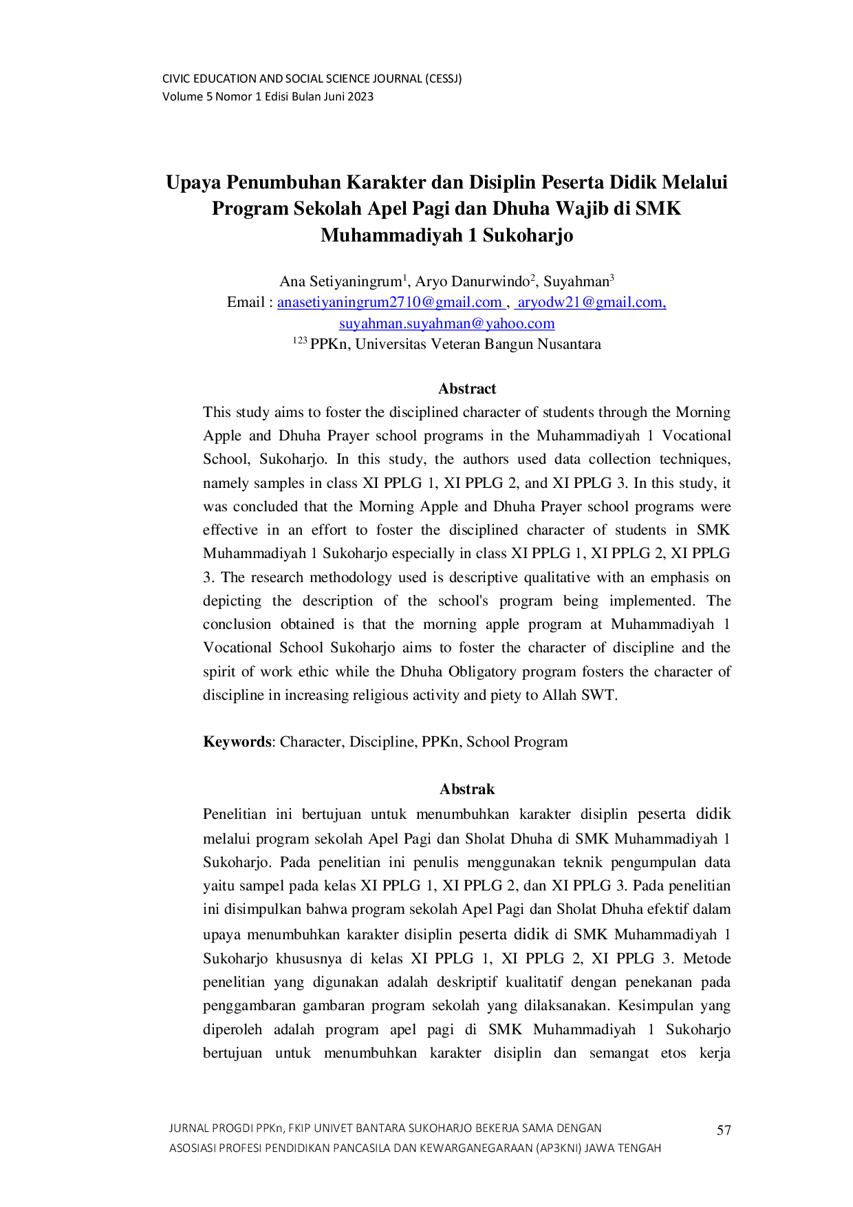 JURIS Upaya Penumbuhan Karakter dan Disiplin Peserta Didik Melalui Program Sekolah Apel Pagi dan Dhuha Wajib di SMK Muhammadiyah 1 Sukoharjo