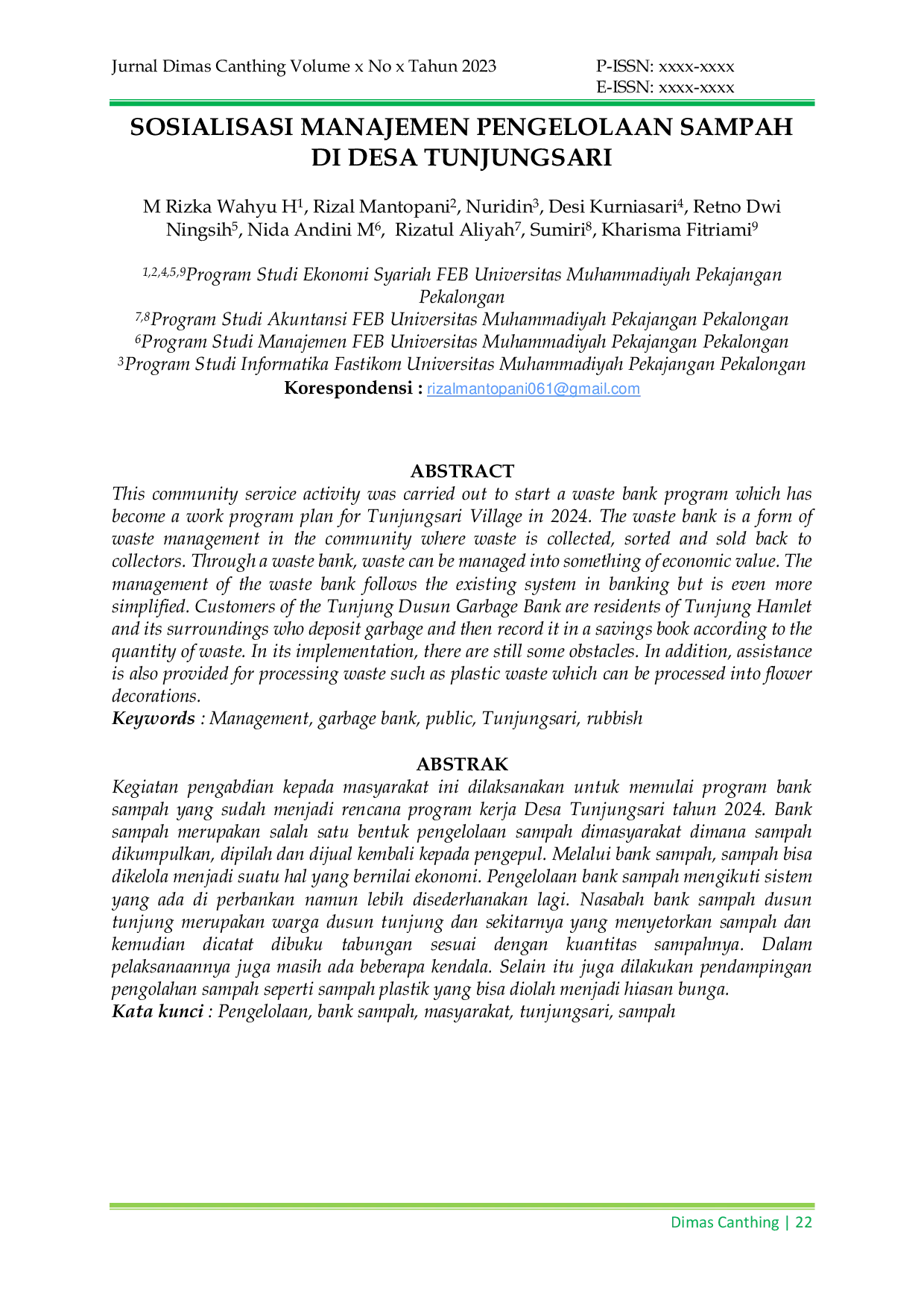 JURIS Sosialisasi Manajemen Pengelolaan Sampah Di Desa Tunjungsari