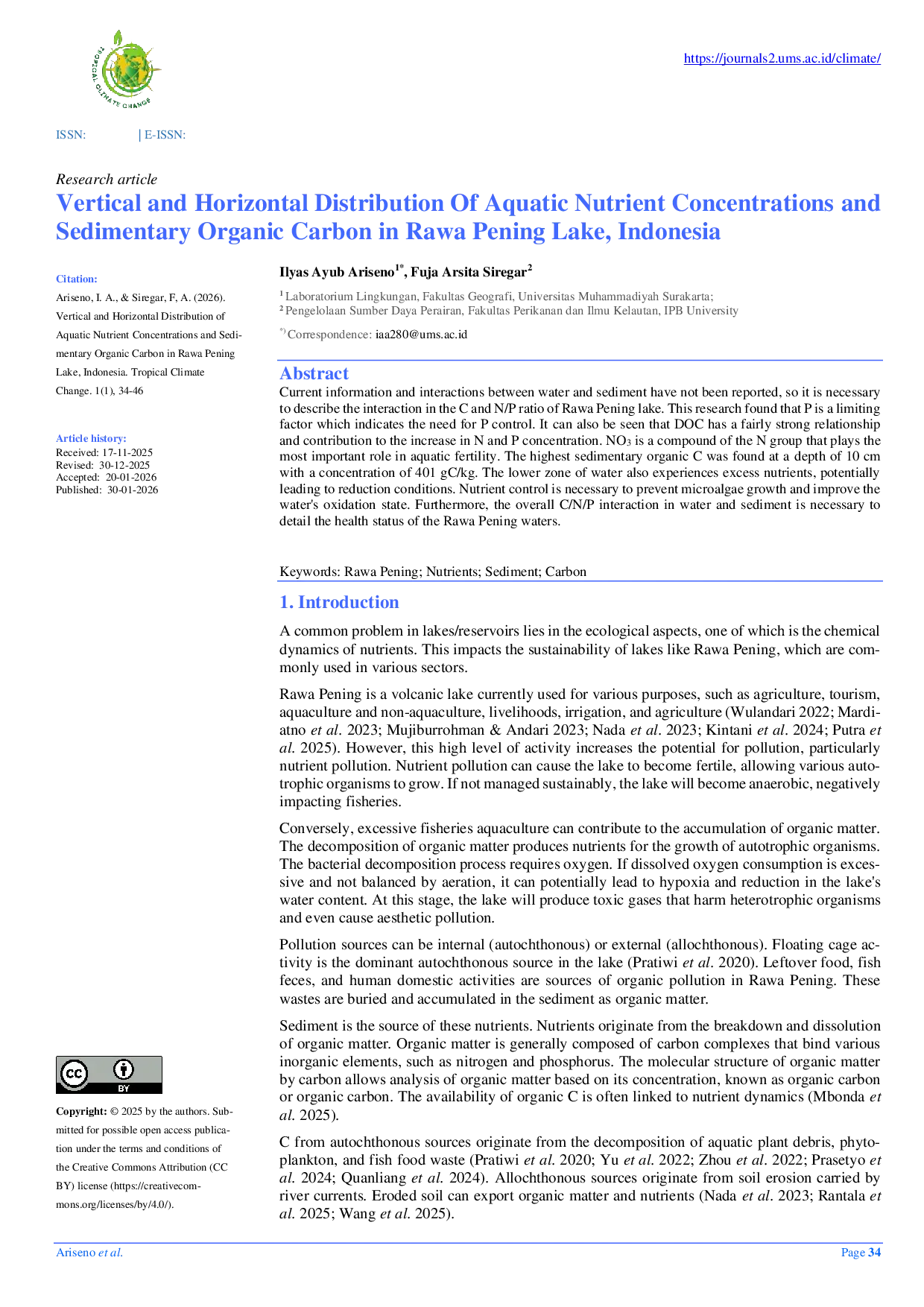 JURIS Vertical and Horizontal Distribution of Aquatic Nutrient Concentrations and Sedimentary Organic Carbon in Rawa Pening Lake Indonesia