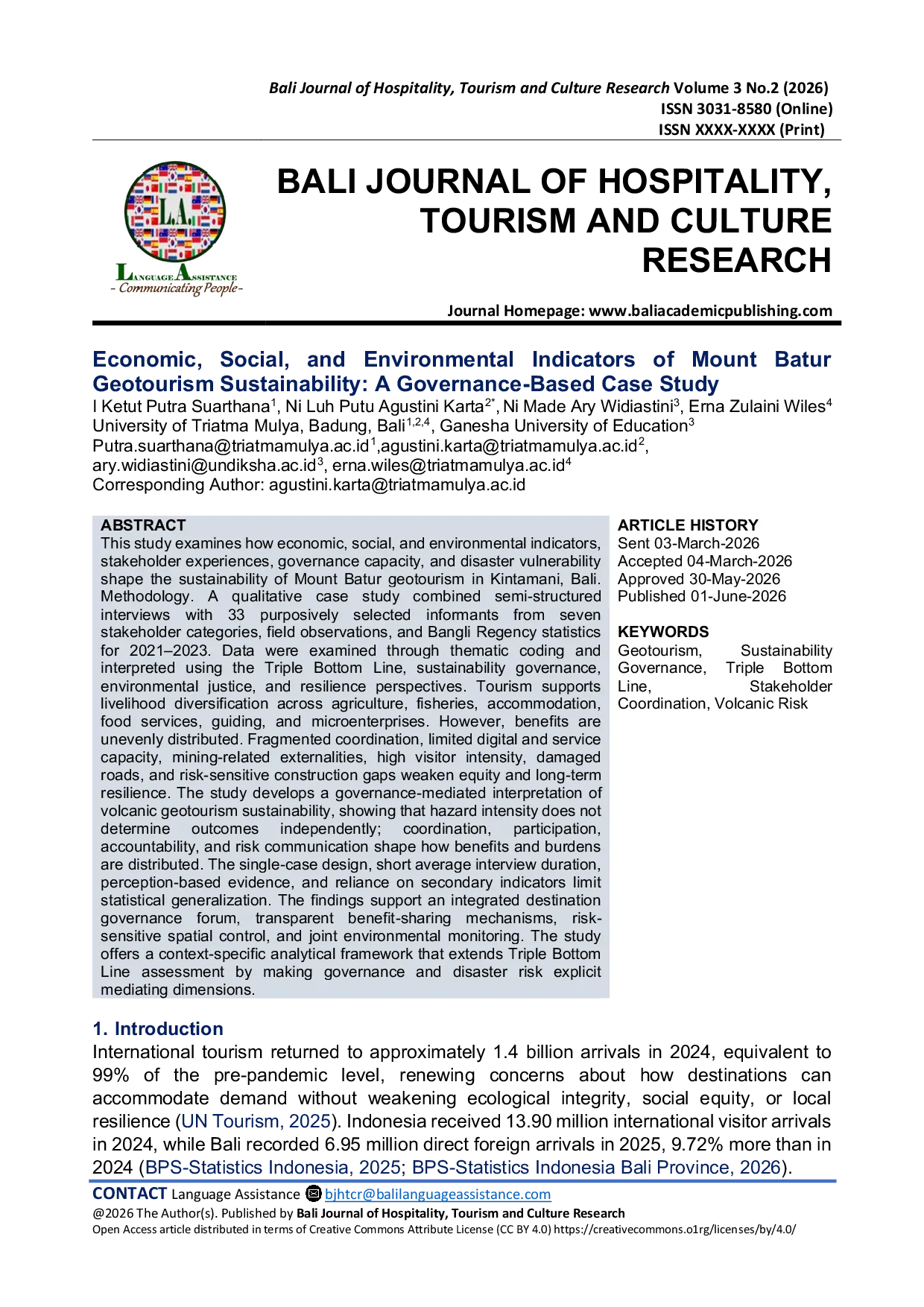 JURIS Economic Social Environmental Measurements as Indicators of the Sustainability of the Kintamani Tourist Destination