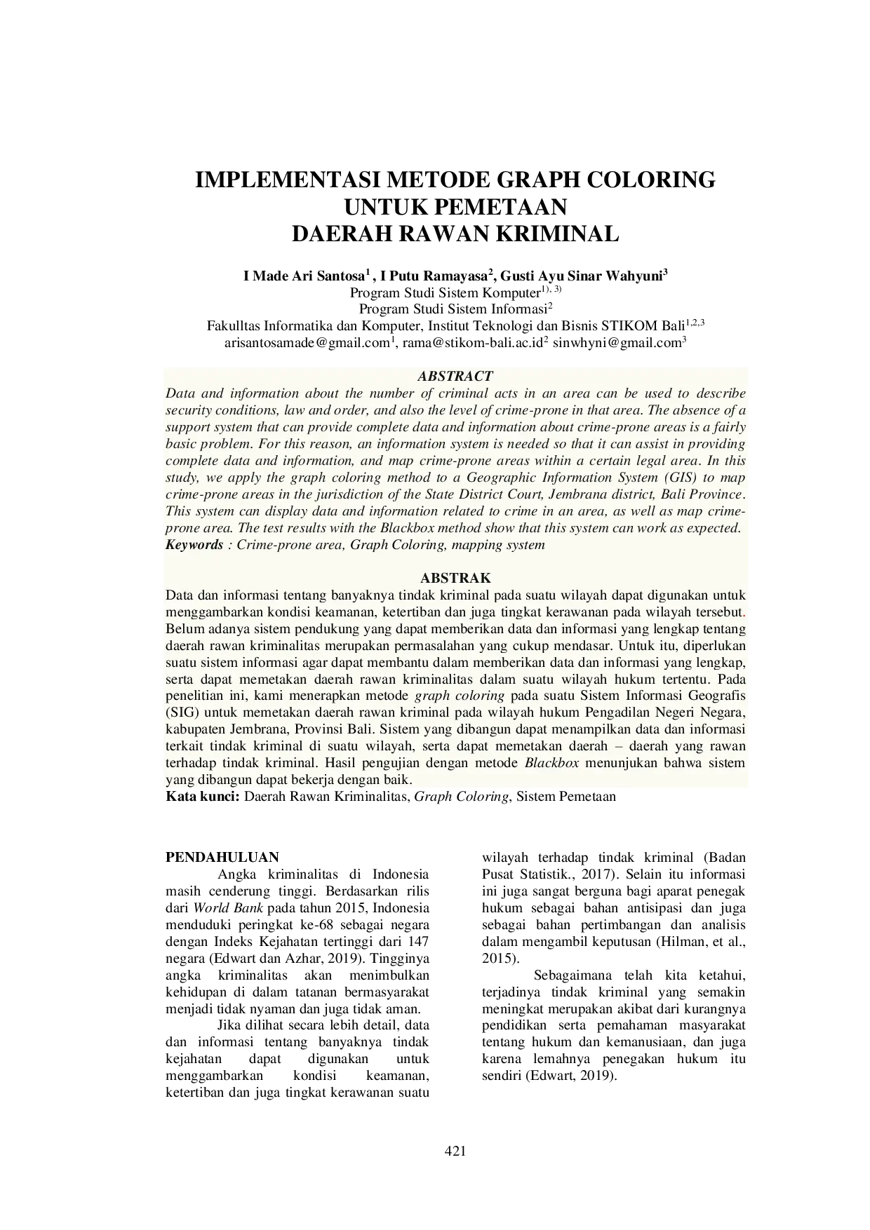 JURIS Implementasi Metode Graph Coloring untuk Pemetaan Daerah Rawan Kriminal