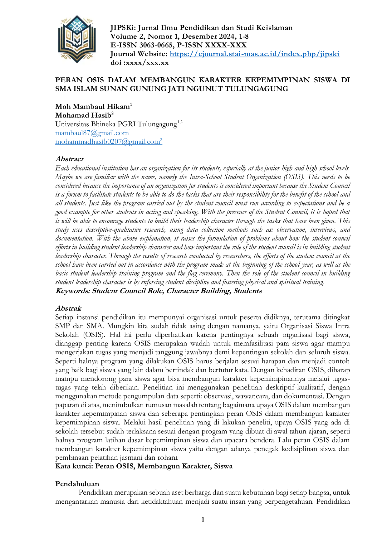 JURIS Peran OSIS dalam Membangun Karakter Kepemimpinan Siswa di SMA Islam Sunan Gunung Jati Ngunut Tulungagung