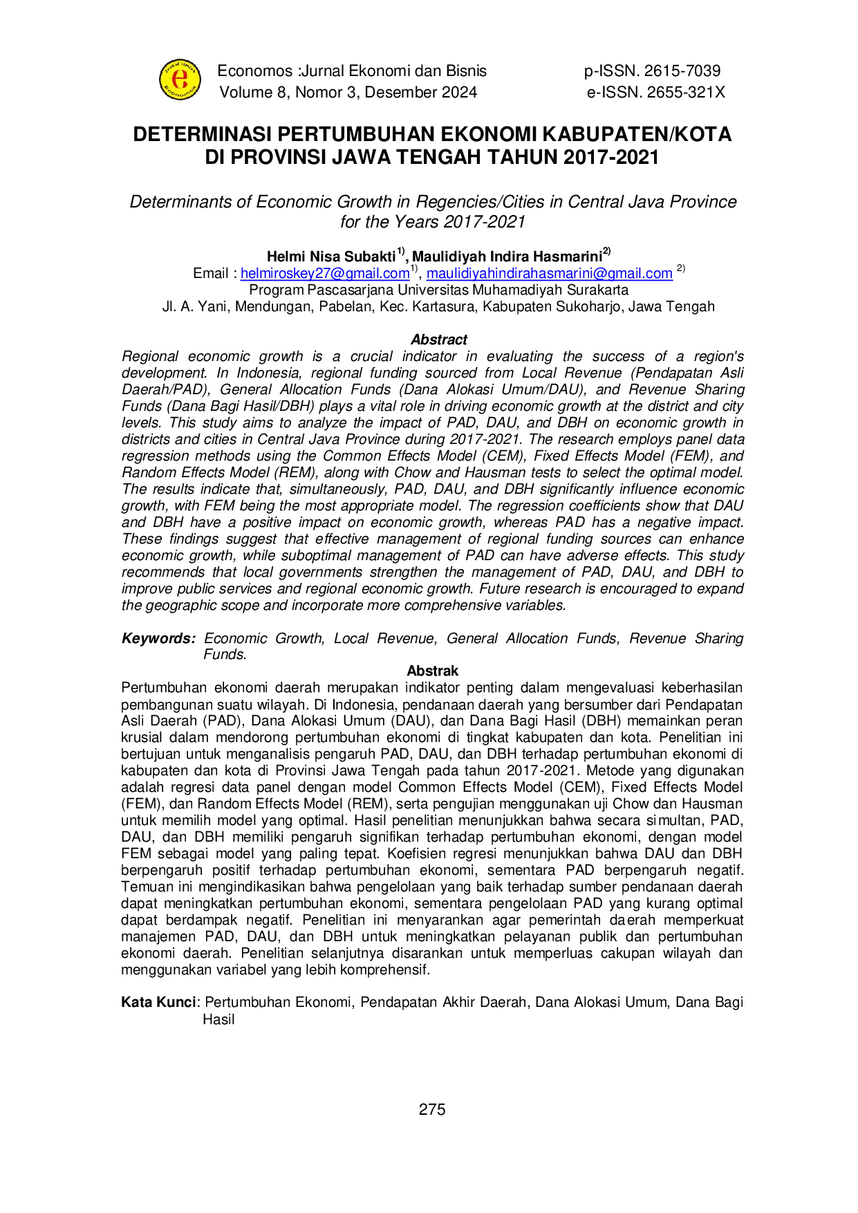 JURIS Determinants of Economic Growth in Regencies Cities in Central Java Province for the Years 2017 2021