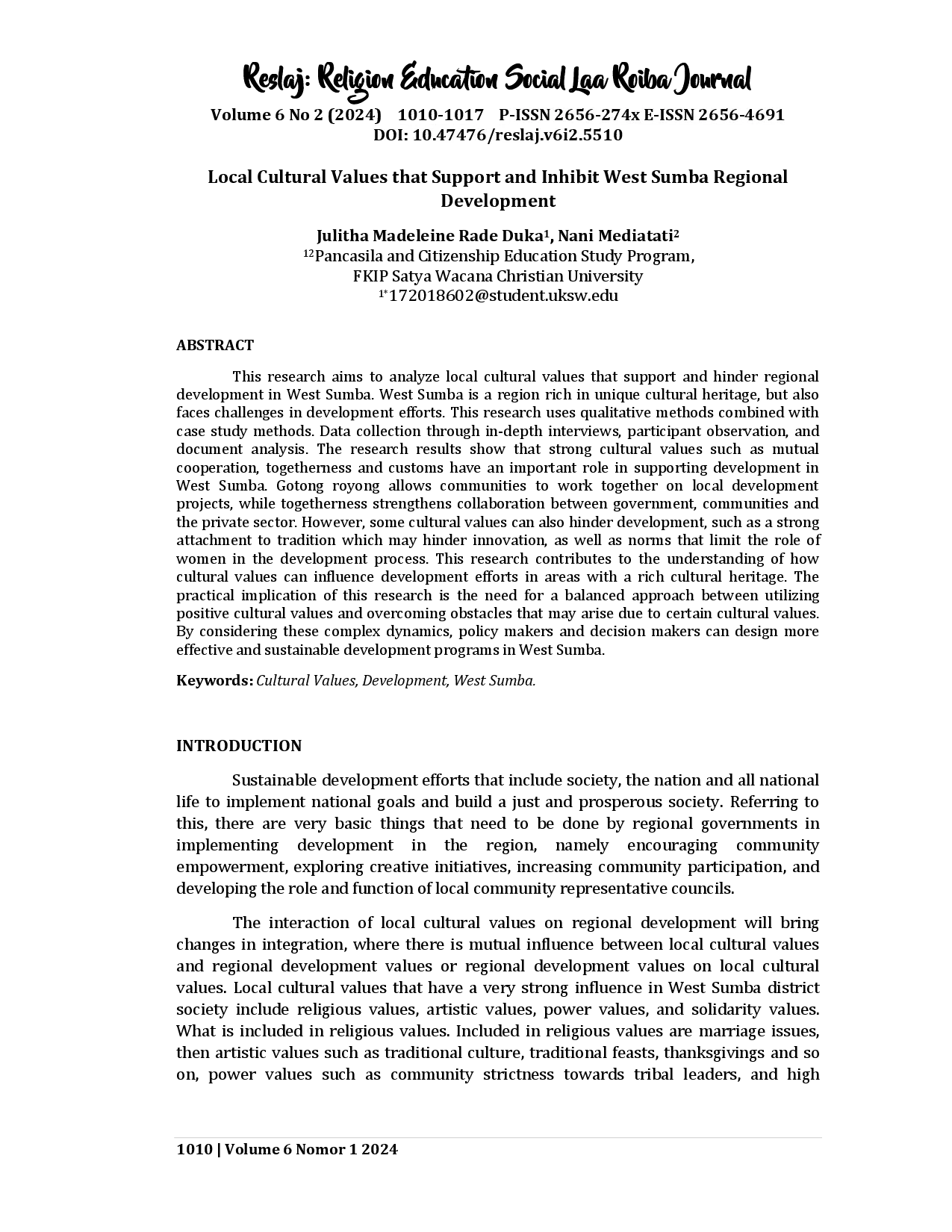 juris Local Cultural Values That Support and Inhibit West Sumba Regional Development