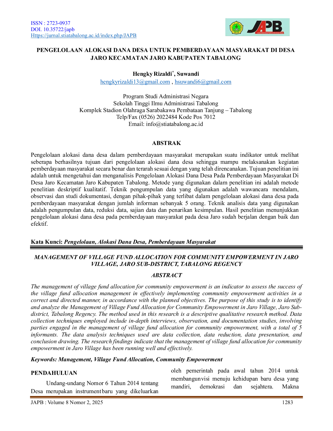 JURIS PENGELOLAAN ALOKASI DANA DESA UNTUK PEMBERDAYAAN MASYARAKAT DI DESA JARO KECAMATAN JARO KABUPATEN TABALONG