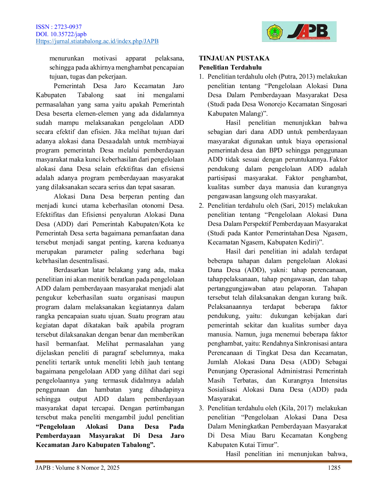 JURIS PENGELOLAAN ALOKASI DANA DESA UNTUK PEMBERDAYAAN MASYARAKAT DI DESA JARO KECAMATAN JARO KABUPATEN TABALONG
