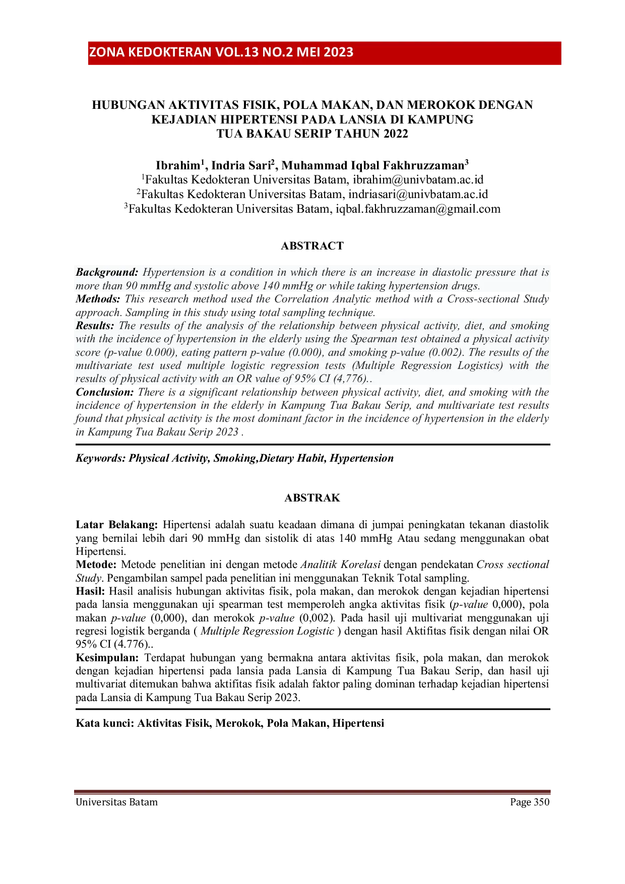 JURIS Hubungan Aktivitas Fisik Pola Makan dan Merokok dengan Kejadian Hipertensi pada Lansia di Kampung Tua Bakau Serip Tahun 2022