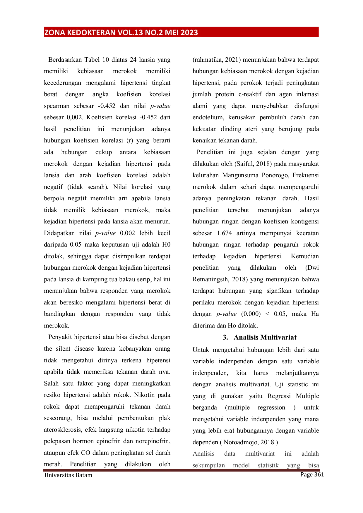 JURIS Hubungan Aktivitas Fisik Pola Makan dan Merokok dengan Kejadian Hipertensi pada Lansia di Kampung Tua Bakau Serip Tahun 2022