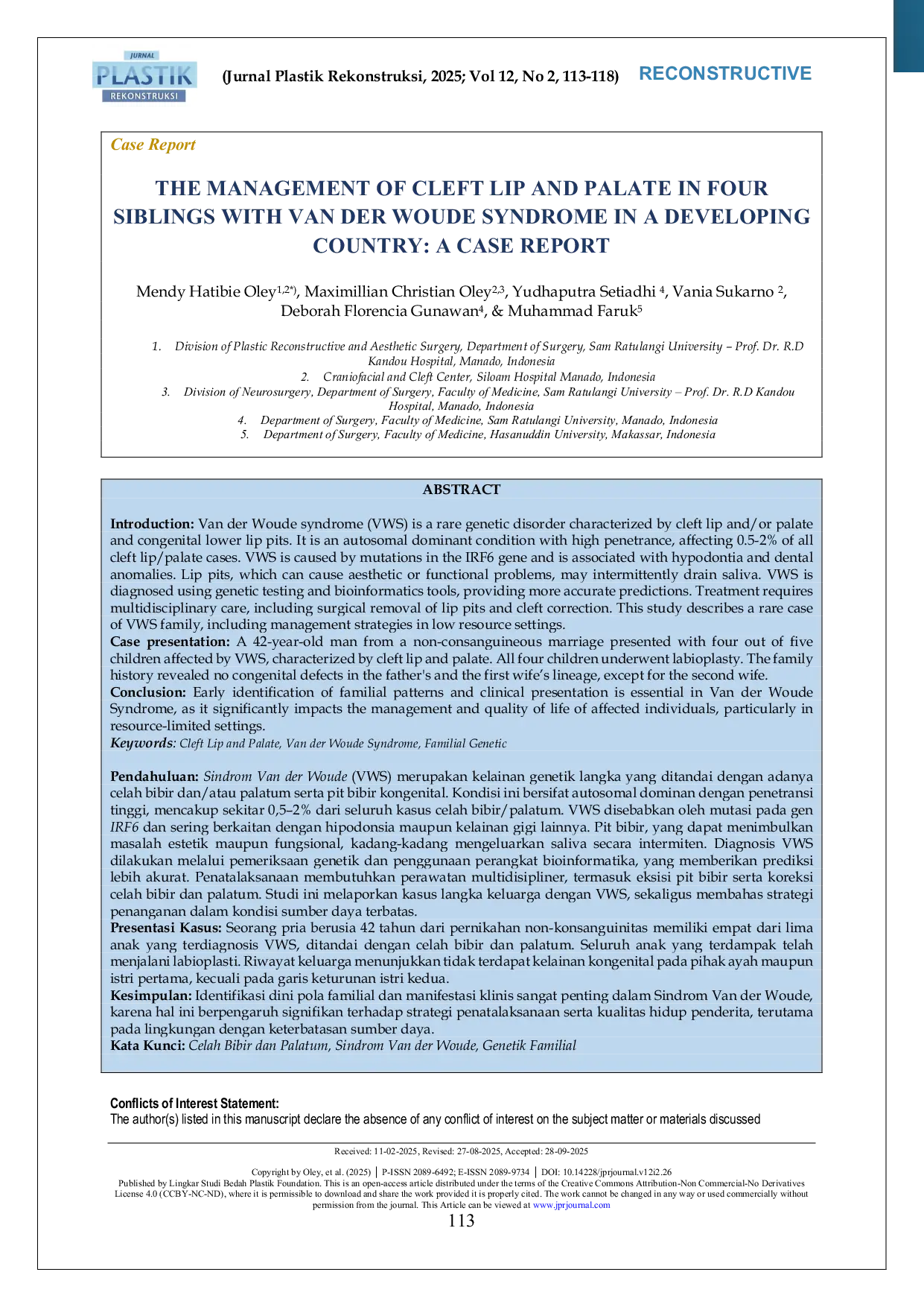 JURIS The Management of Cleft Lip and Palate in Four Siblings with Van Der Woude Syndrome in a Developing Country A Case Report