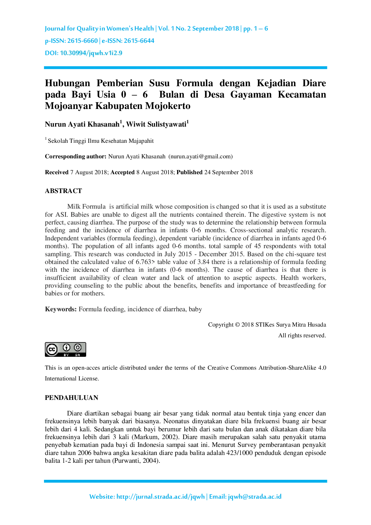 JURIS Hubungan Pemberian Susu Formula dengan Kejadian Diare pada Bayi Usia 0 6 Bulan di Desa Gayaman Kecamatan Mojoanyar Kabupaten Mojokerto