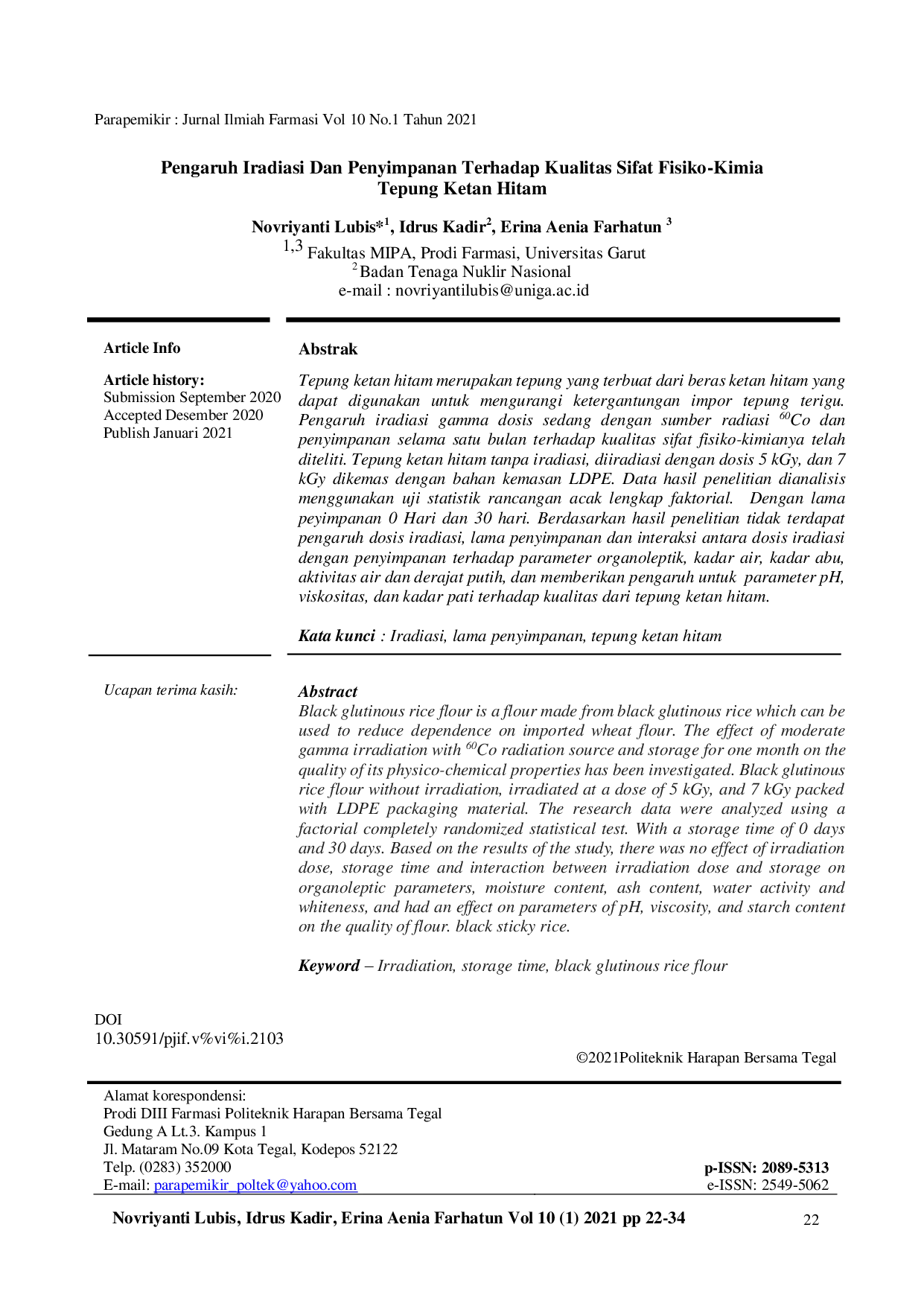 JURIS Pengaruh Iradiasi Dan Penyimpanan Terhadap Kualitas Sifat Fisiko Kimia Tepung Ketan Hitam