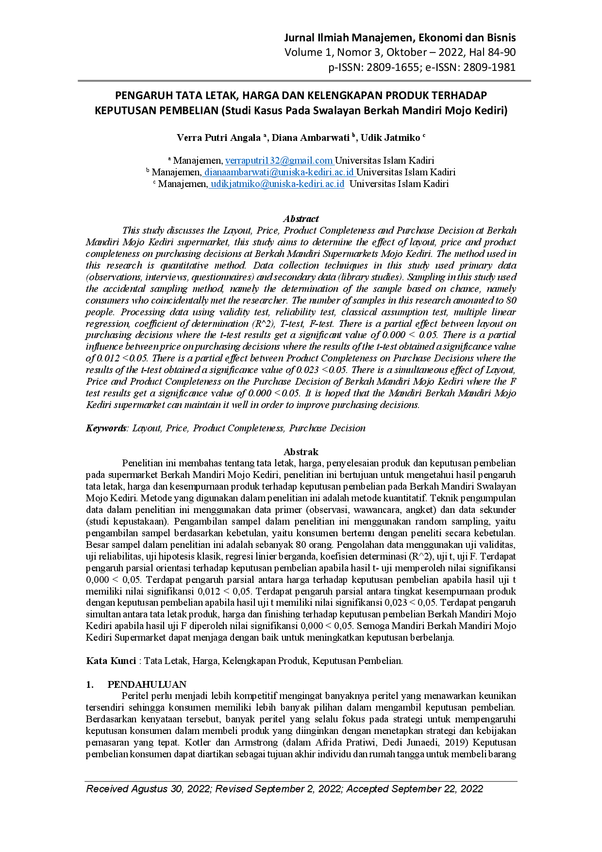juris PENGARUH TATA LETAK HARGA DAN KELENGKAPAN PRODUK TERHADAP KEPUTUSAN PEMBELIAN Studi Kasus Pada Swalayan Berkah Mandiri Mojo Kediri