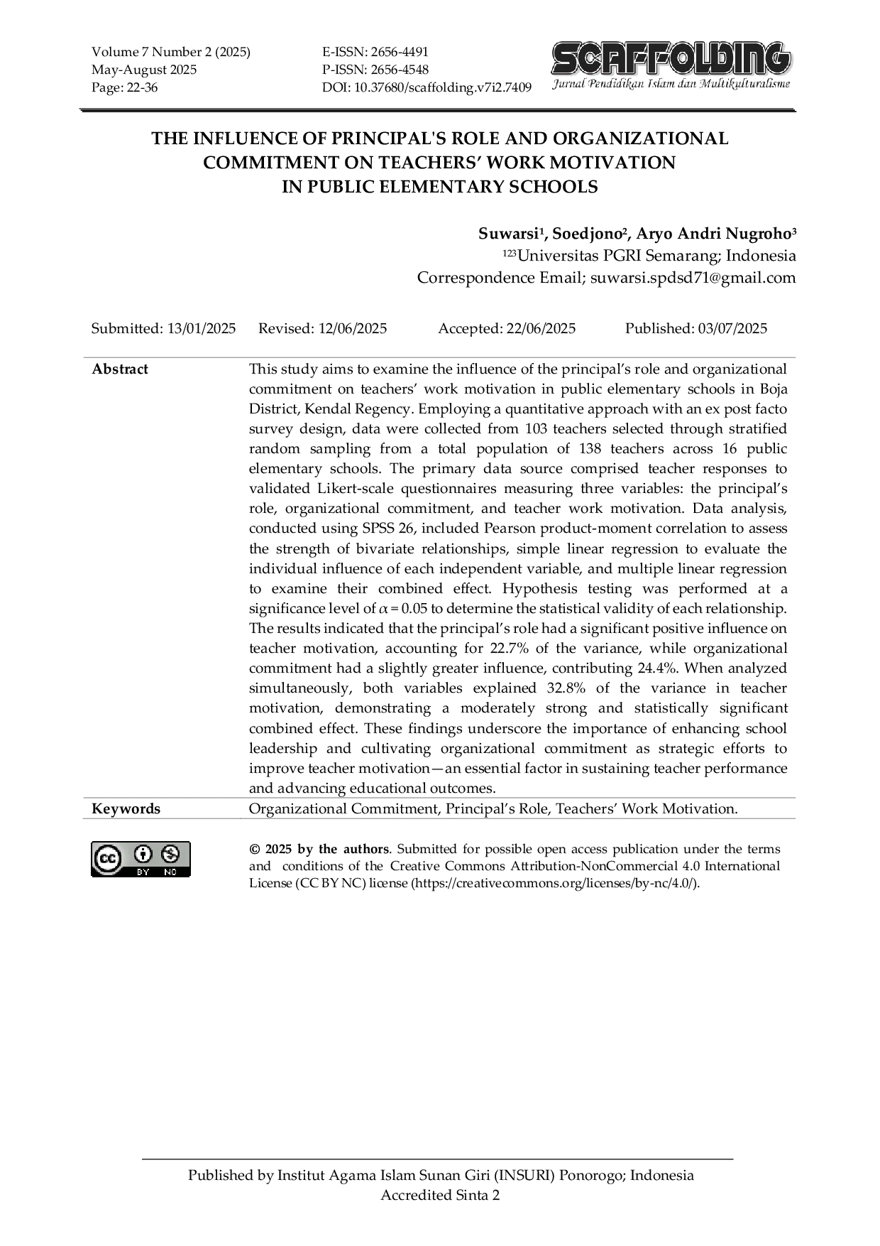 JURIS The Influence of Principal s Role and Organizational Commitment on Teachers Work Motivation in Public Elementary Schools