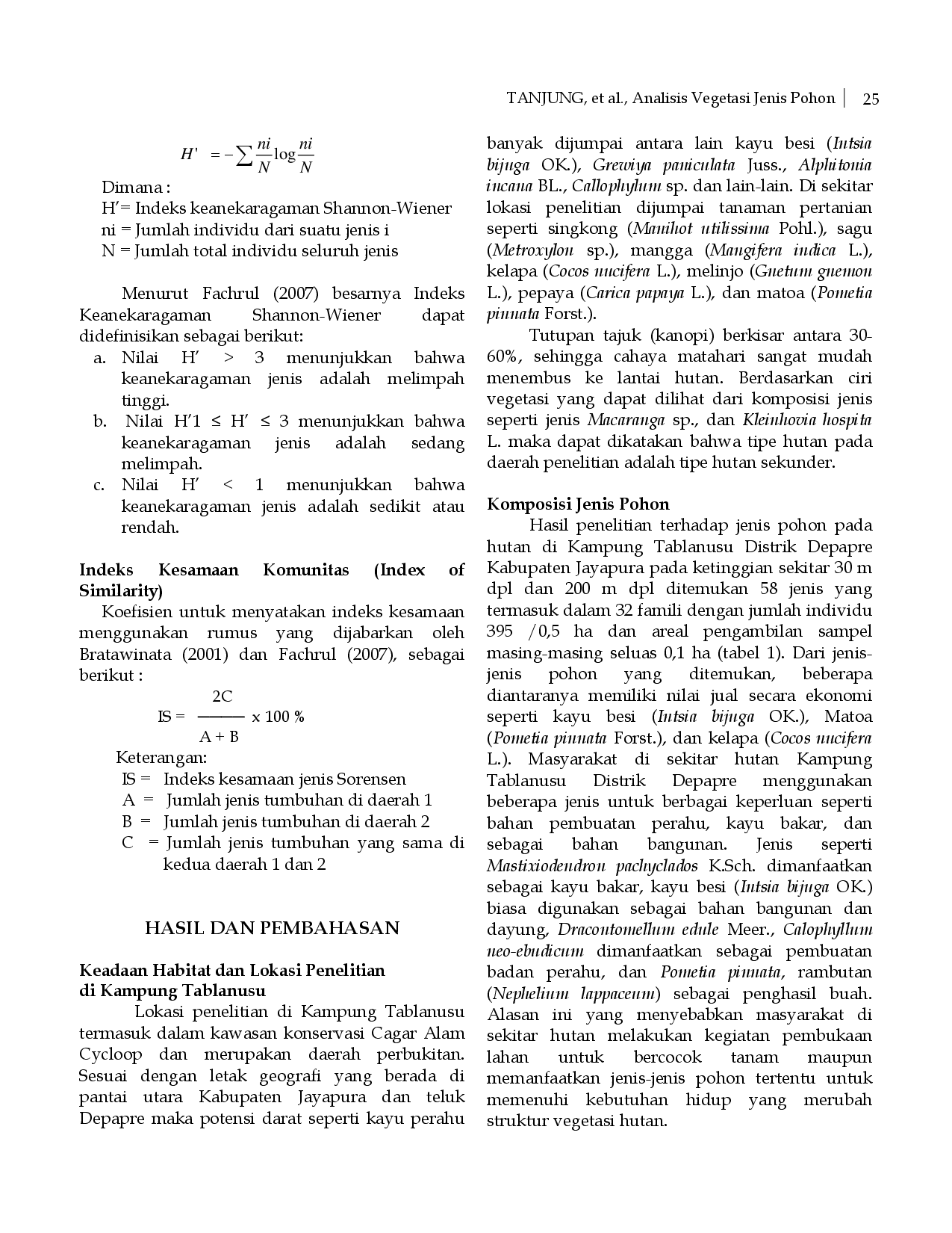 juris Analisa Vegetasi Jenis Pohon pada Kawasan Hutan di Kampung Tablanusu Distrik Depapre Kabupaten Jayapura
