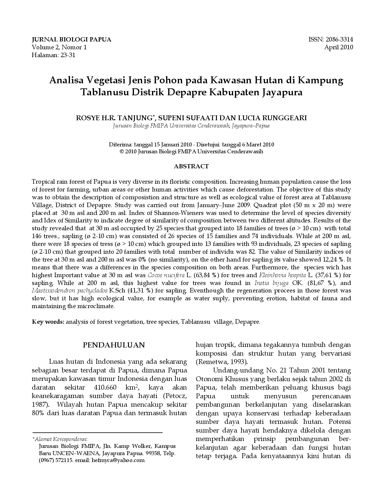 juris Analisa Vegetasi Jenis Pohon pada Kawasan Hutan di Kampung Tablanusu Distrik Depapre Kabupaten Jayapura