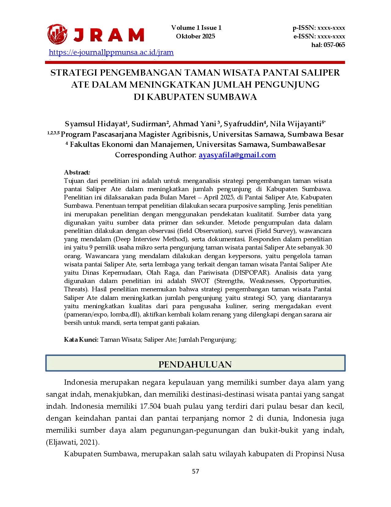 juris Strategi Pengembangan Taman Wisata Pantai Salipir Ate dalam Meningkatkan Jumlah Pengunjung di Kabupaten Sumbawa