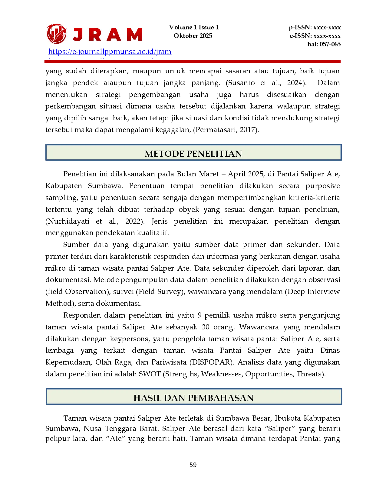 juris Strategi Pengembangan Taman Wisata Pantai Salipir Ate dalam Meningkatkan Jumlah Pengunjung di Kabupaten Sumbawa