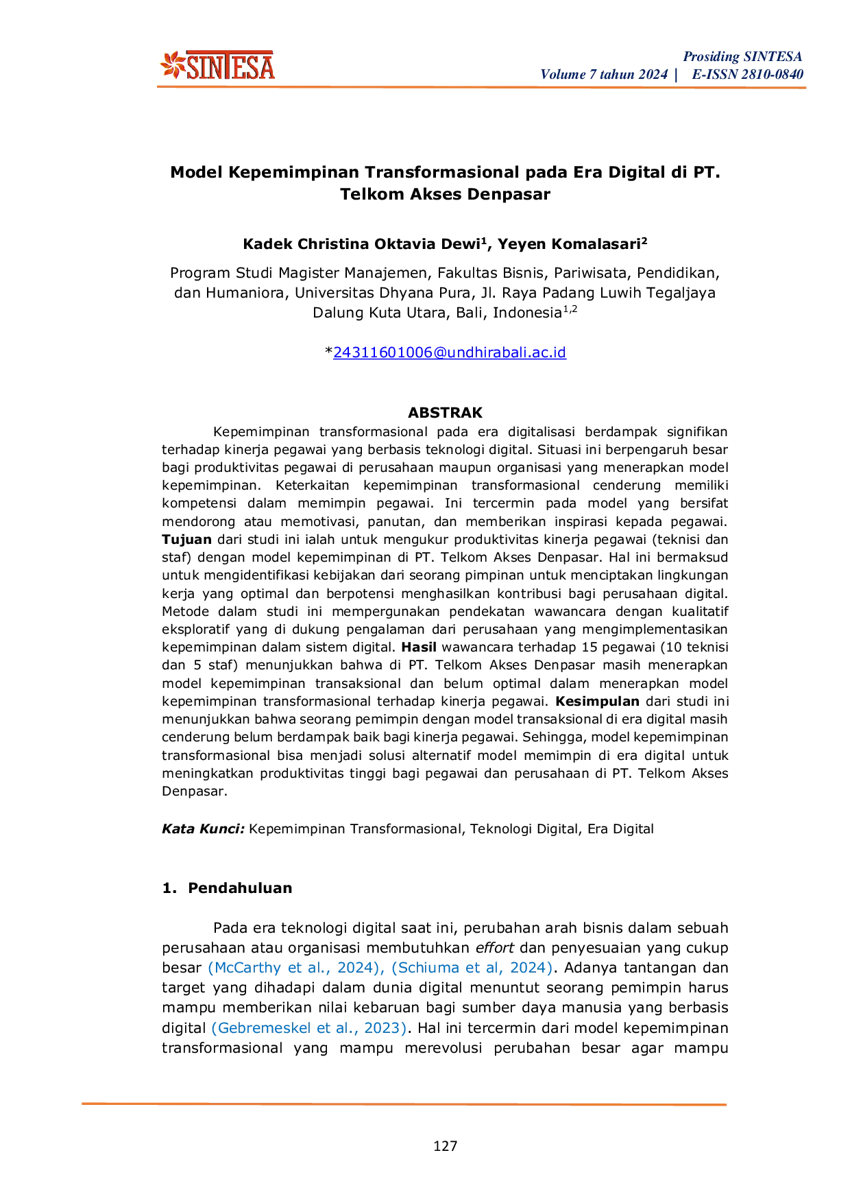 JURIS Model Kepemimpinan Transformasional pada Era Digital di PT Telkom Akses Denpasar