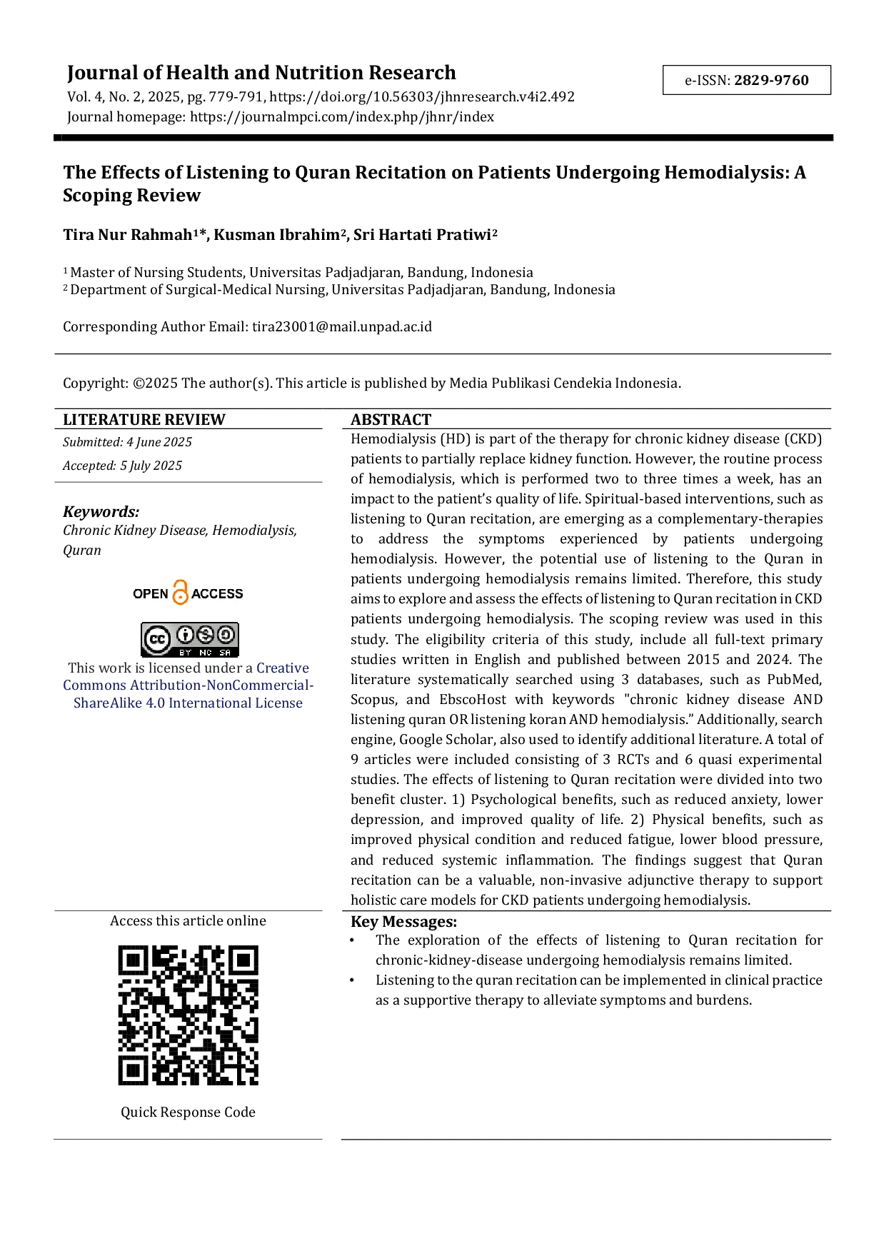 JURIS The Effects of Listening to Quran Recitation on Patients Undergoing Hemodialysis A Scoping Review