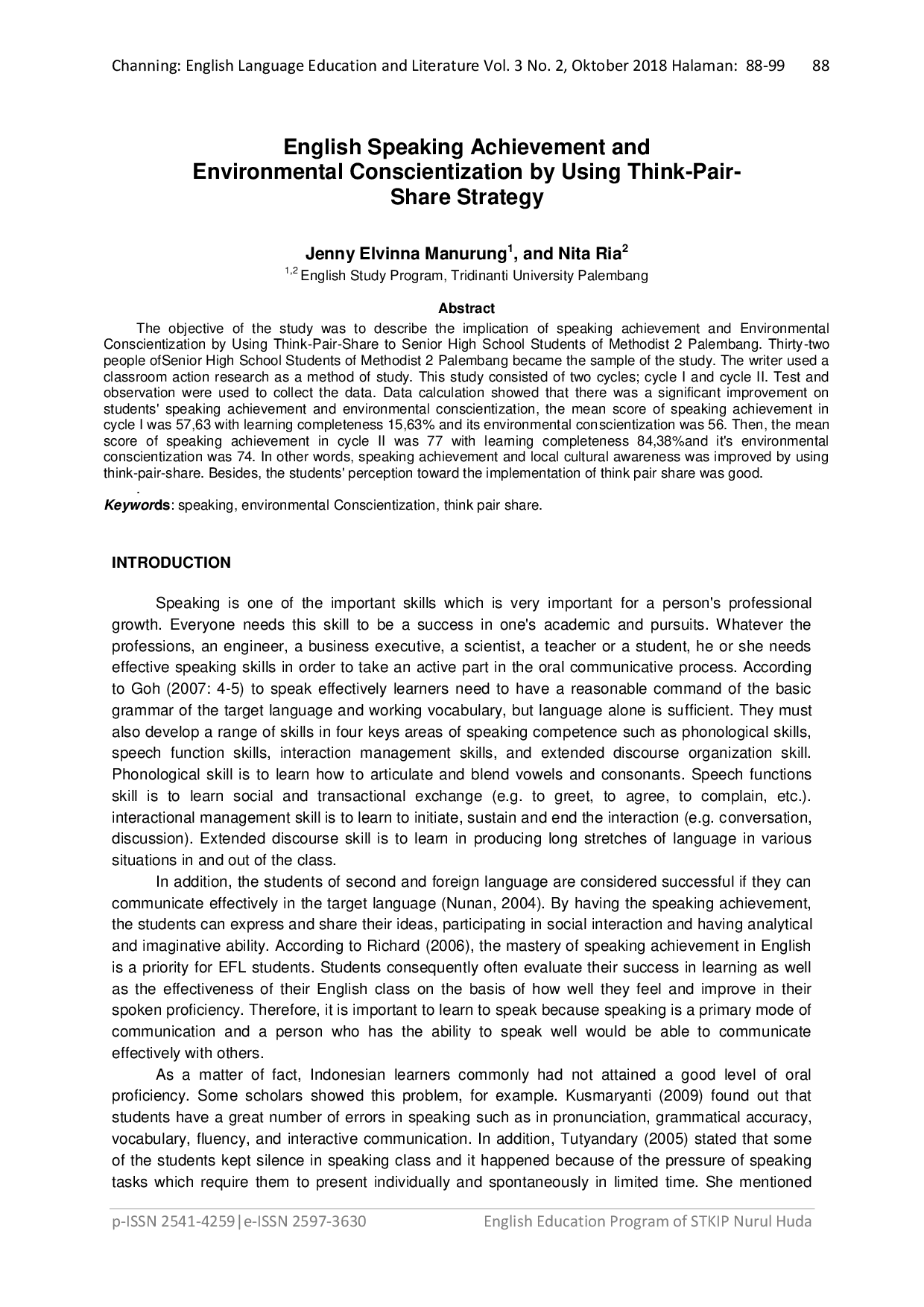 JURIS English Speaking Achievement and Environmental Conscientization by Using Think Pair Share Strategy