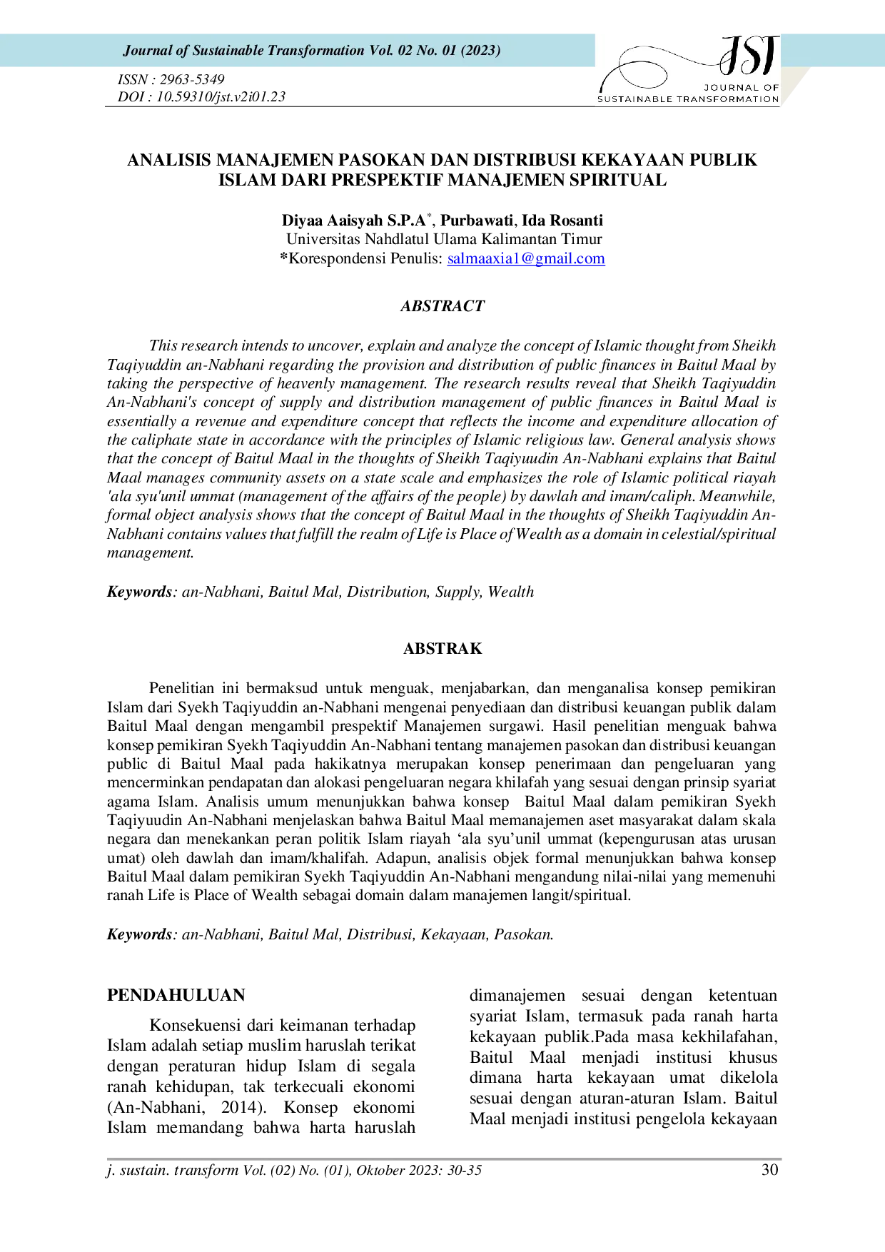 JURIS Analisis Manajemen Pasokan dan Distribusi Kekayaan Publik Islam dari Perspektif Manajemen Spiritual