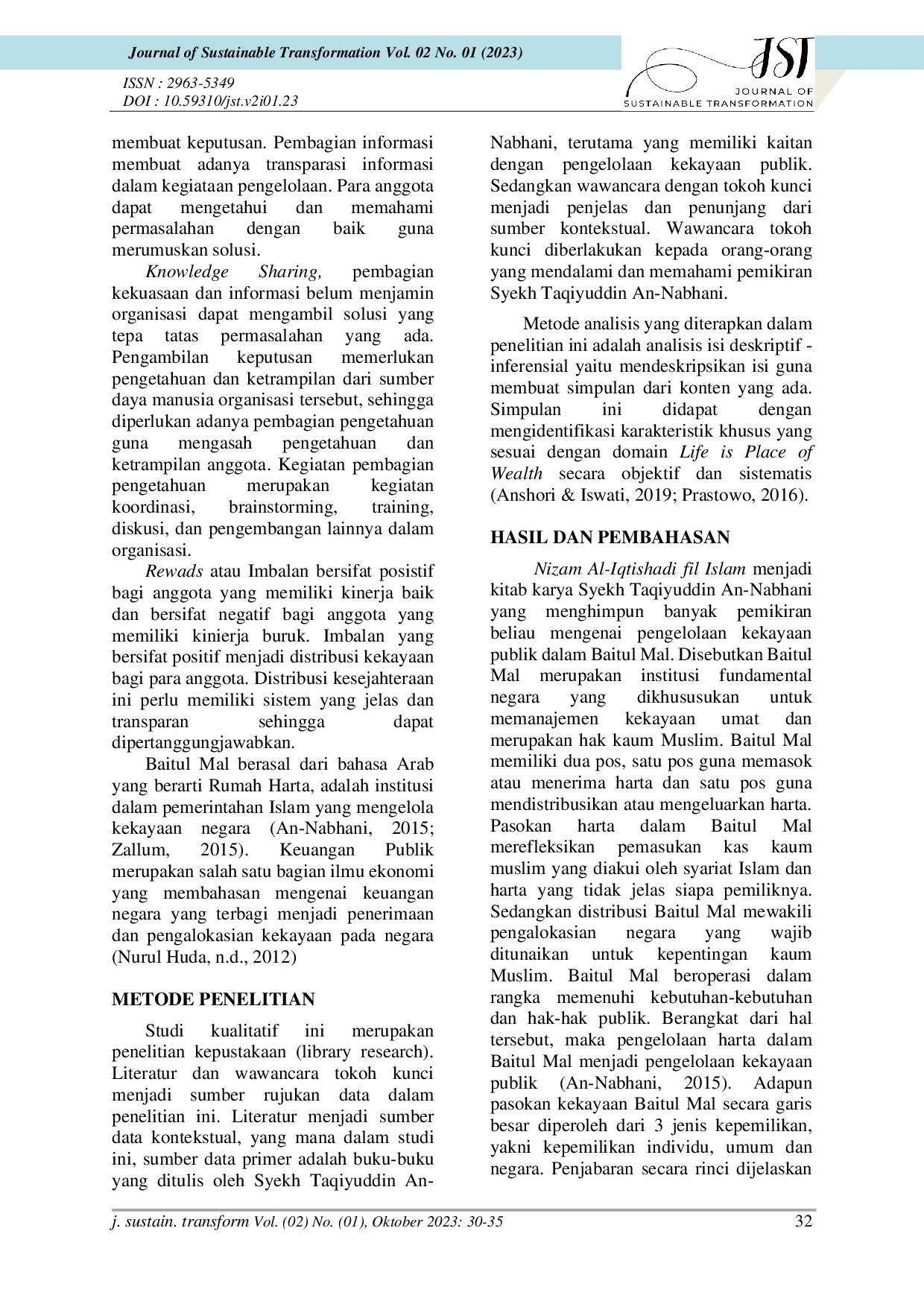 JURIS Analisis Manajemen Pasokan dan Distribusi Kekayaan Publik Islam dari Perspektif Manajemen Spiritual