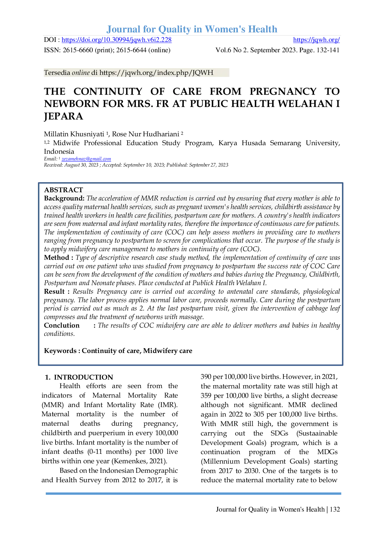 JURIS The Continuity Of Care From Pregnancy To Newborn For Mrs Fr At Public Health Welahan I Jepara