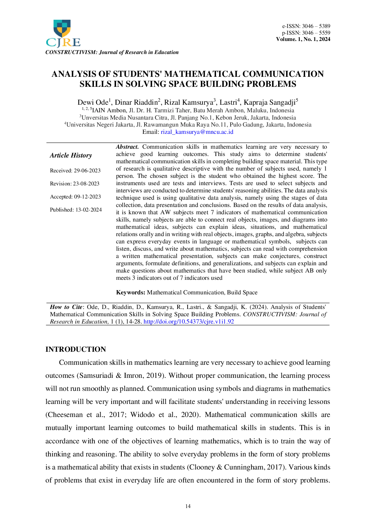 JURIS Analysis of Students Mathematical Communication Skills in Solving Space Building Problems