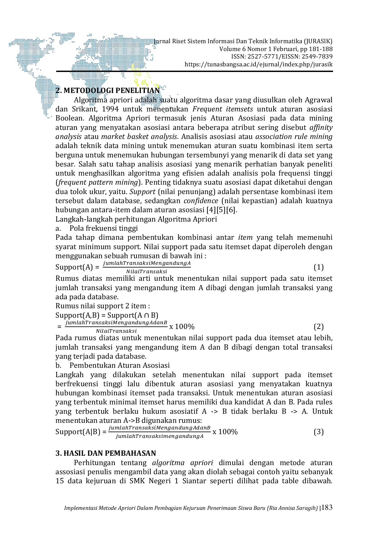 JURIS Implementasi Metode Apriori Dalam Pembagian Kejuruan Penerimaan Siswa Baru Di SMK Negeri 1 Siantar