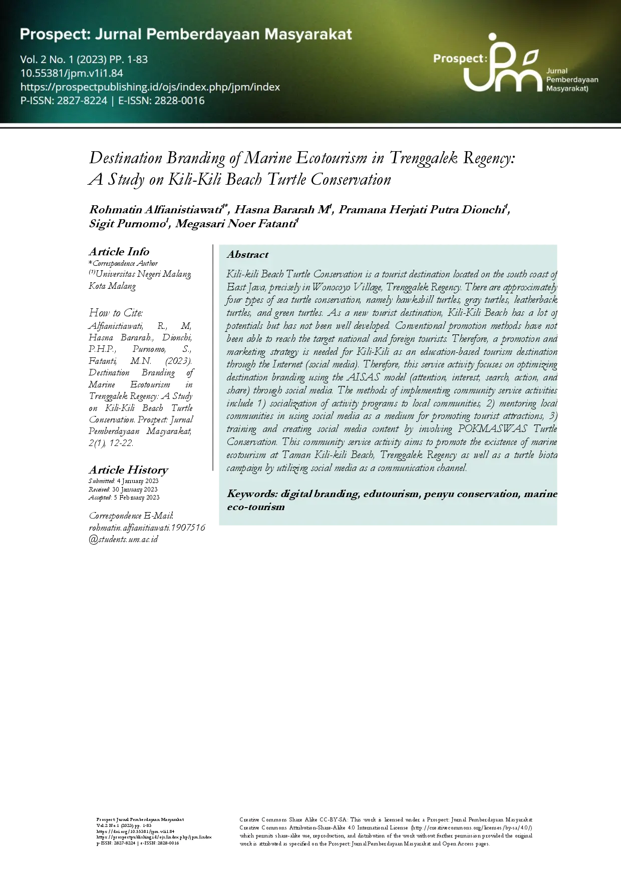 juris Destination Branding of Marine Ecotourism in Trenggalek Regency A Study on Kili Kili Beach Turtle Conservation