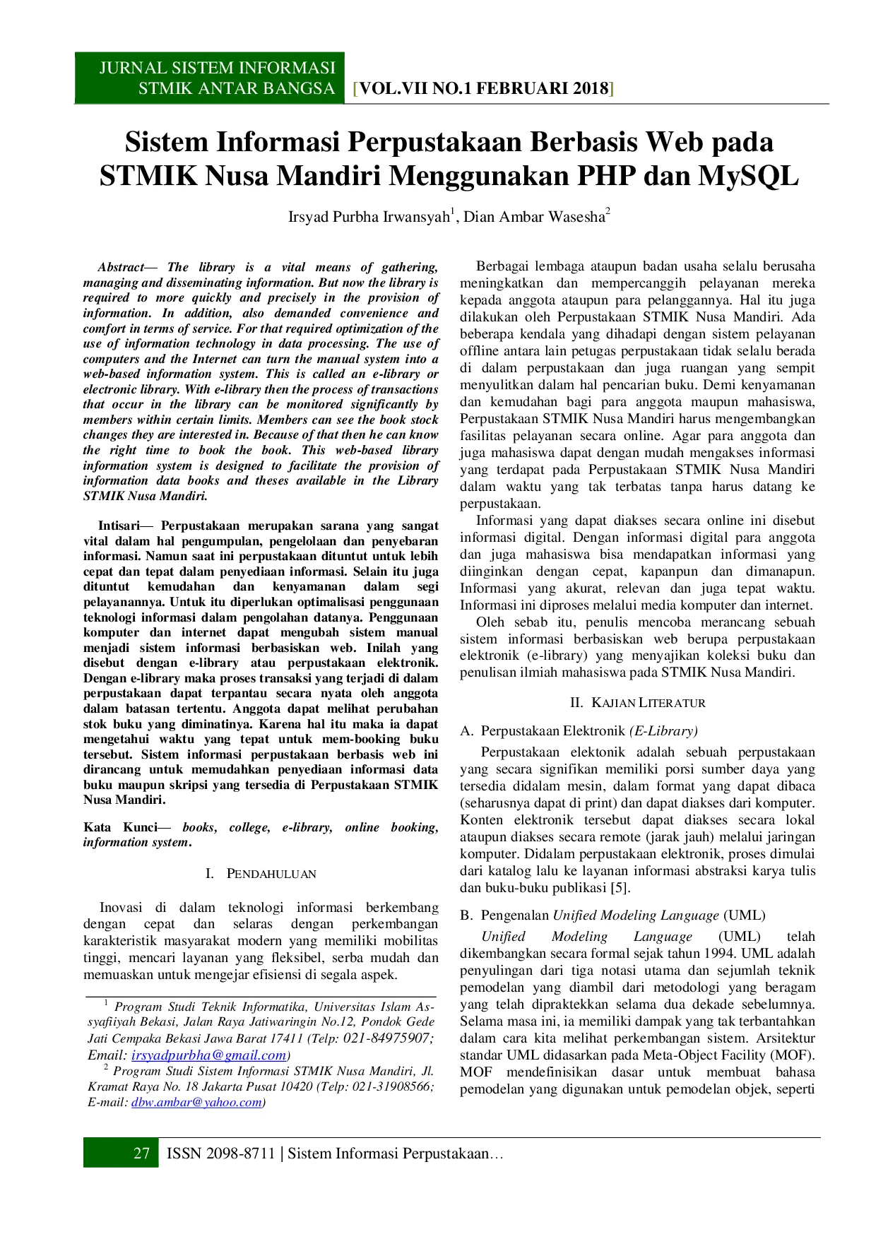 juris Sistem Informasi Perpustakaan Berbasis Web pada STMIK Nusa Mandiri Menggunakan PHP dan MySQL