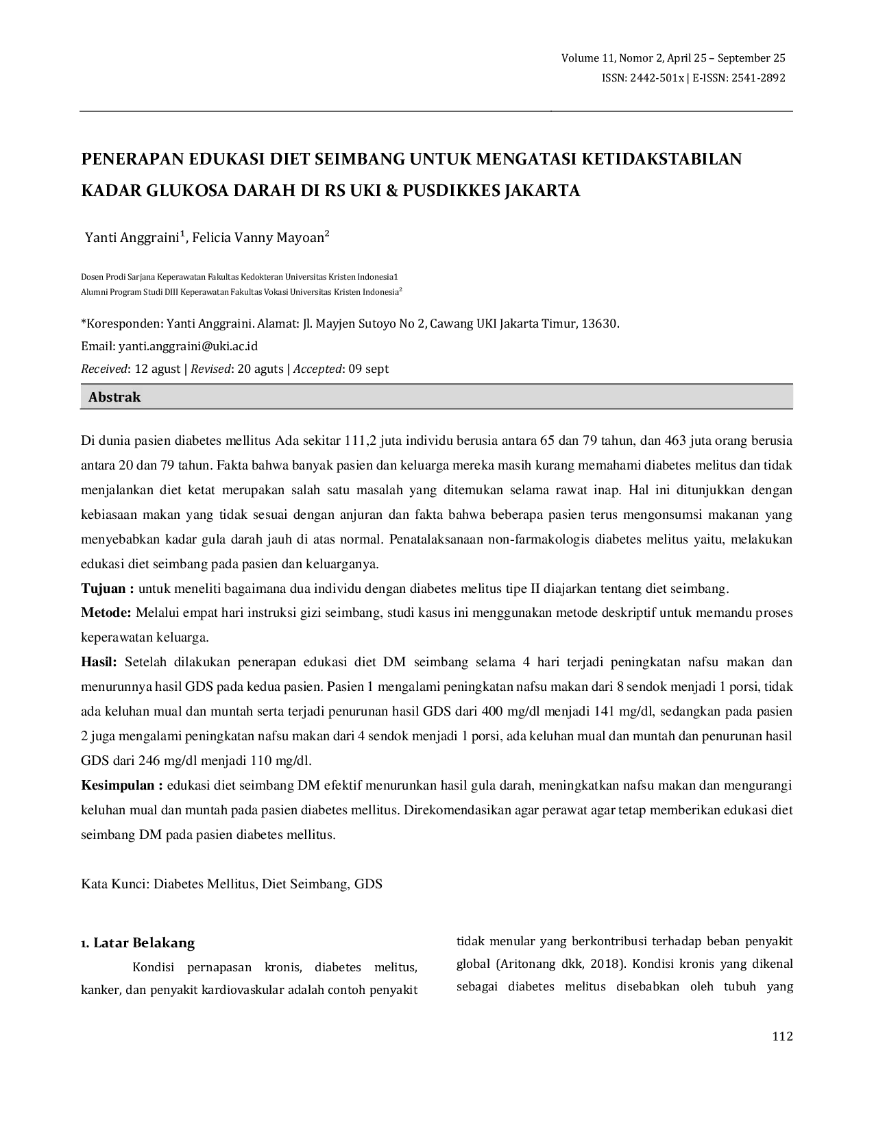 JURIS Penerapan Edukasi Diet Seimbang Untuk Mengatasi Ketidakstabilan Kadar Glukosa Darah Di Rs Uki Pusdikkes Jakarta