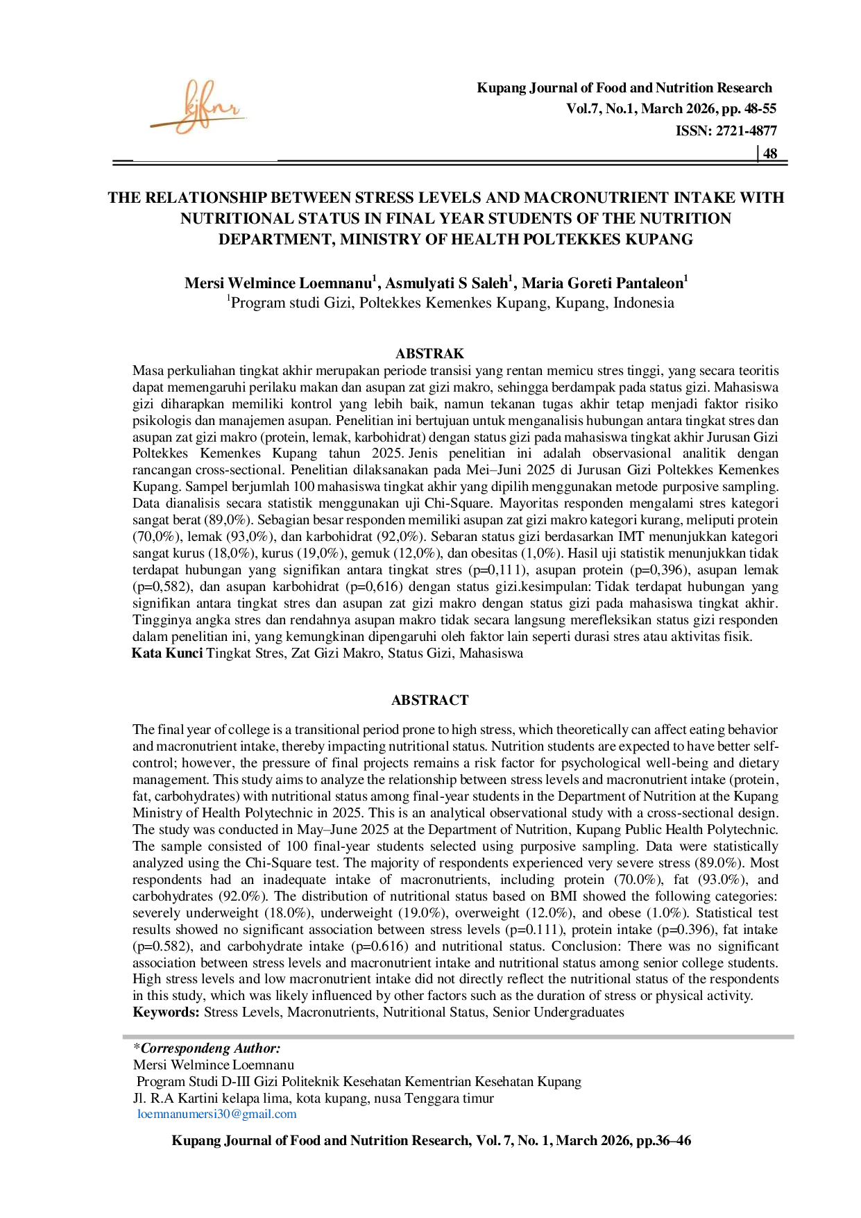 JURIS Hubungan Tingkat Stres dan Asupan Zat Gizi Makro dengan Status Gizi pada Mahasiswa Tingkat Akhir Jurusan Gizi Kemenkes Poltekkes Kupang Tahun 2025